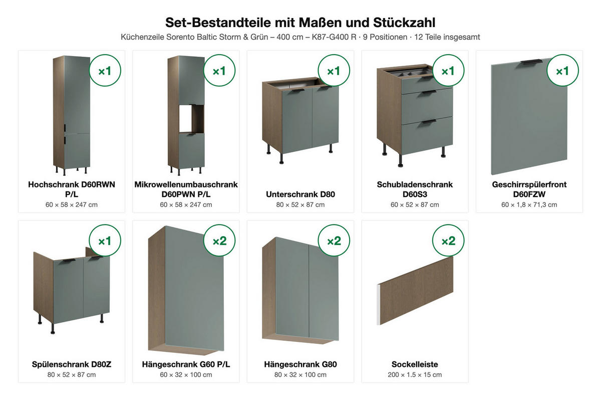 KÜCHENZEILE Sorento Baltic Storm & Grün – 400 cm – K87-G400 R - Schwarz/Grün, Holzwerkstoff/Metall (400/247/58cm) - ROYAL24_MARKT