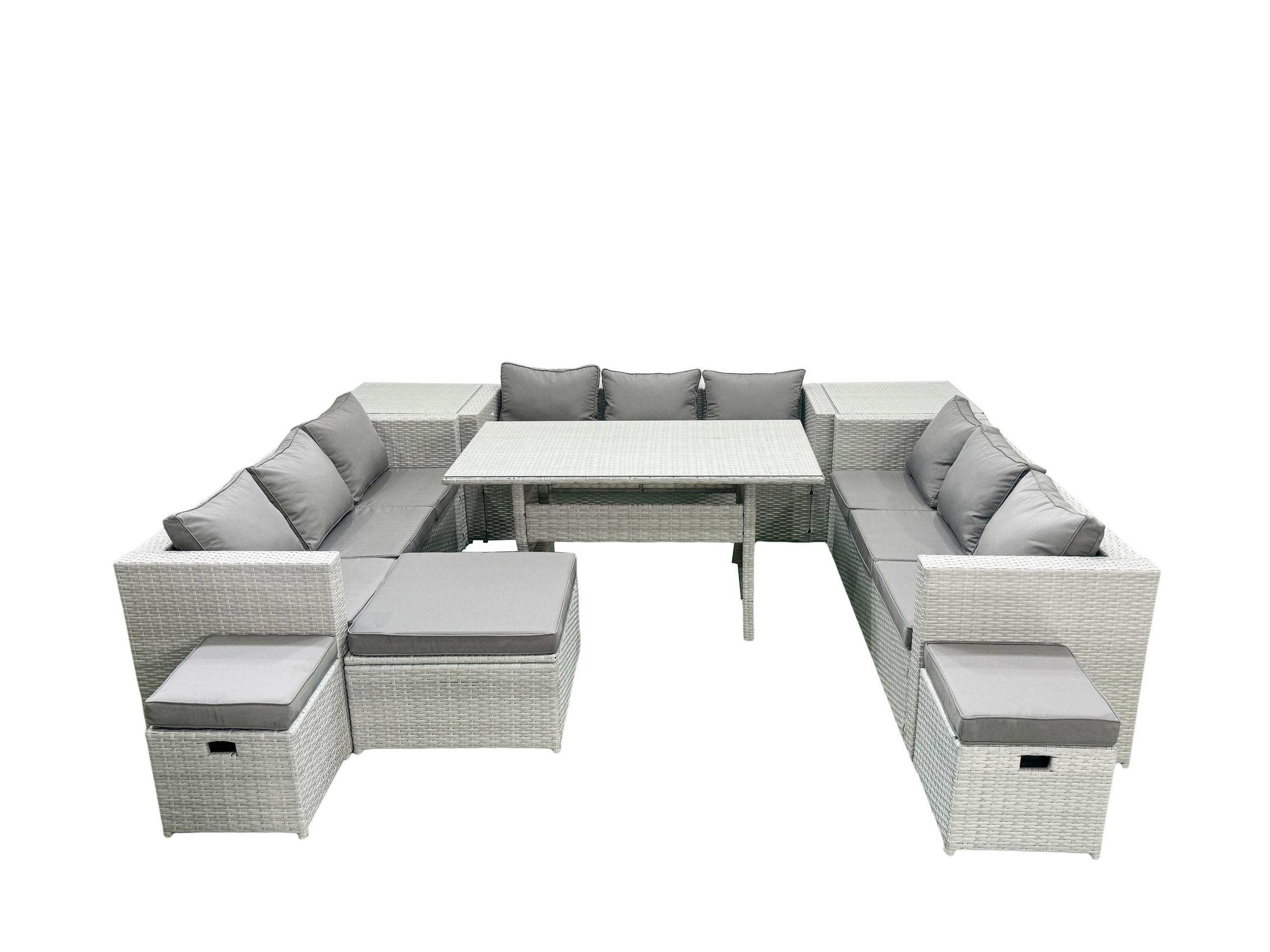 GARTENSET mit Esstisch,Sofa,2 Beistelltischen,3 Fußhocker Polyrattan Hellgrau 12-Sitzer - Hellgrau/Grau, Glas/Kunststoff - Fimous
