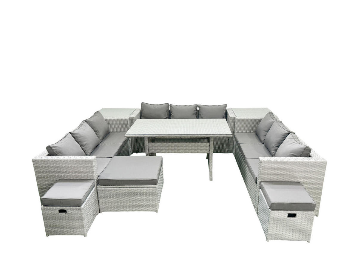 GARTENSET mit Esstisch,Sofa,2 Beistelltischen,3 Fußhocker Polyrattan Hellgrau 12-Sitzer - Hellgrau/Grau, Glas/Kunststoff - Fimous