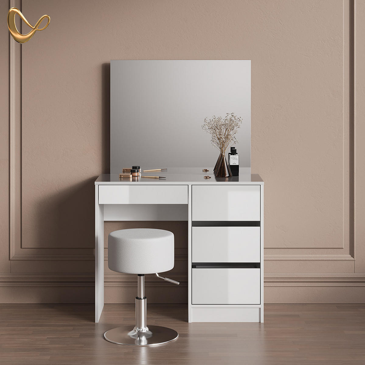 SCHMINKTISCH-SET Imola Weiß 90 cm mit Hocker - Weiß, Holzwerkstoff (90/75/40cm) - Livinity®