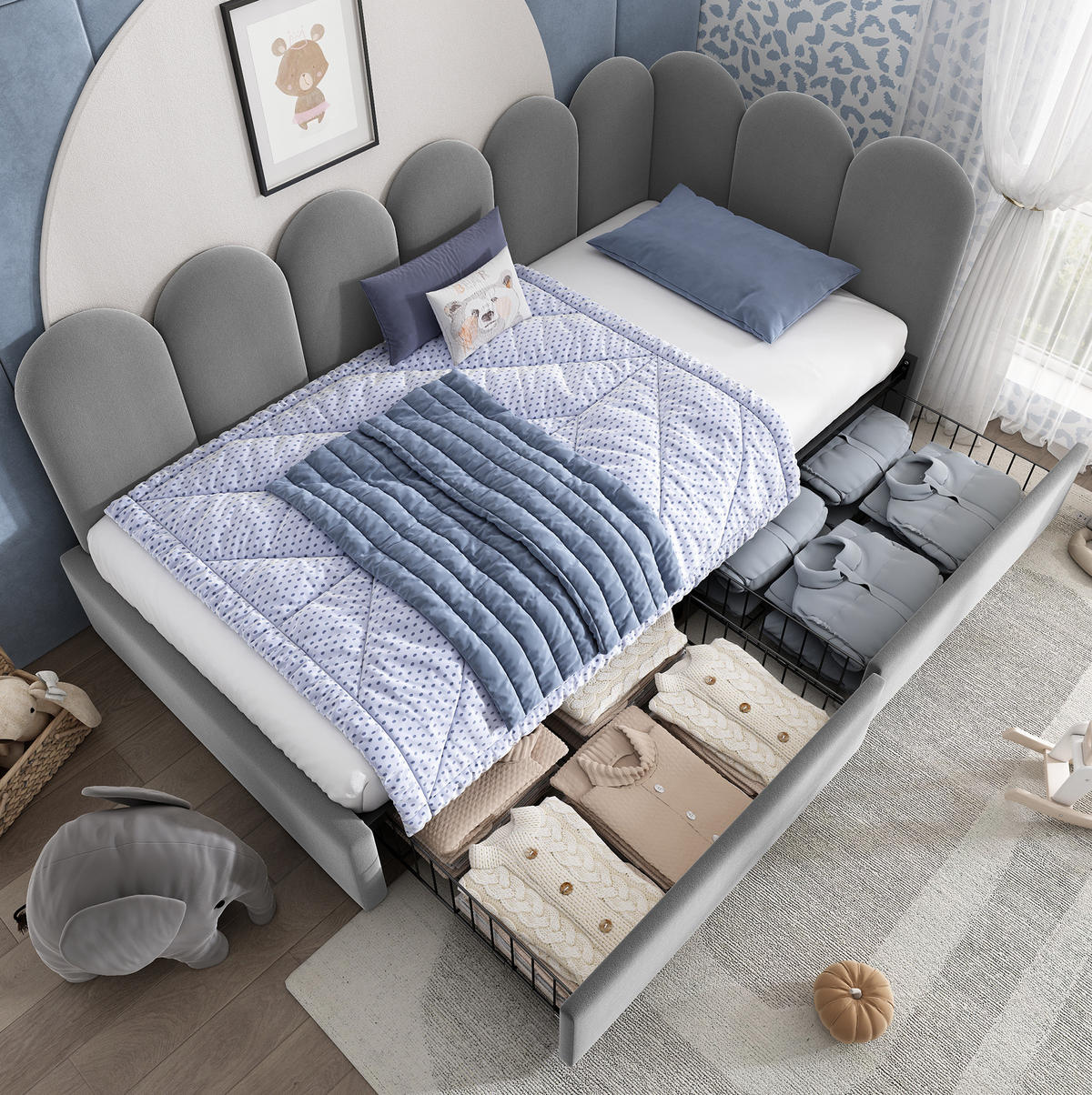 POLSTERBETT 90/200 cm mit 2 Schubladen, L-Form, Samtbezug und Lattenrost, Grau - Grau, Textil (90/200cm) - Redom