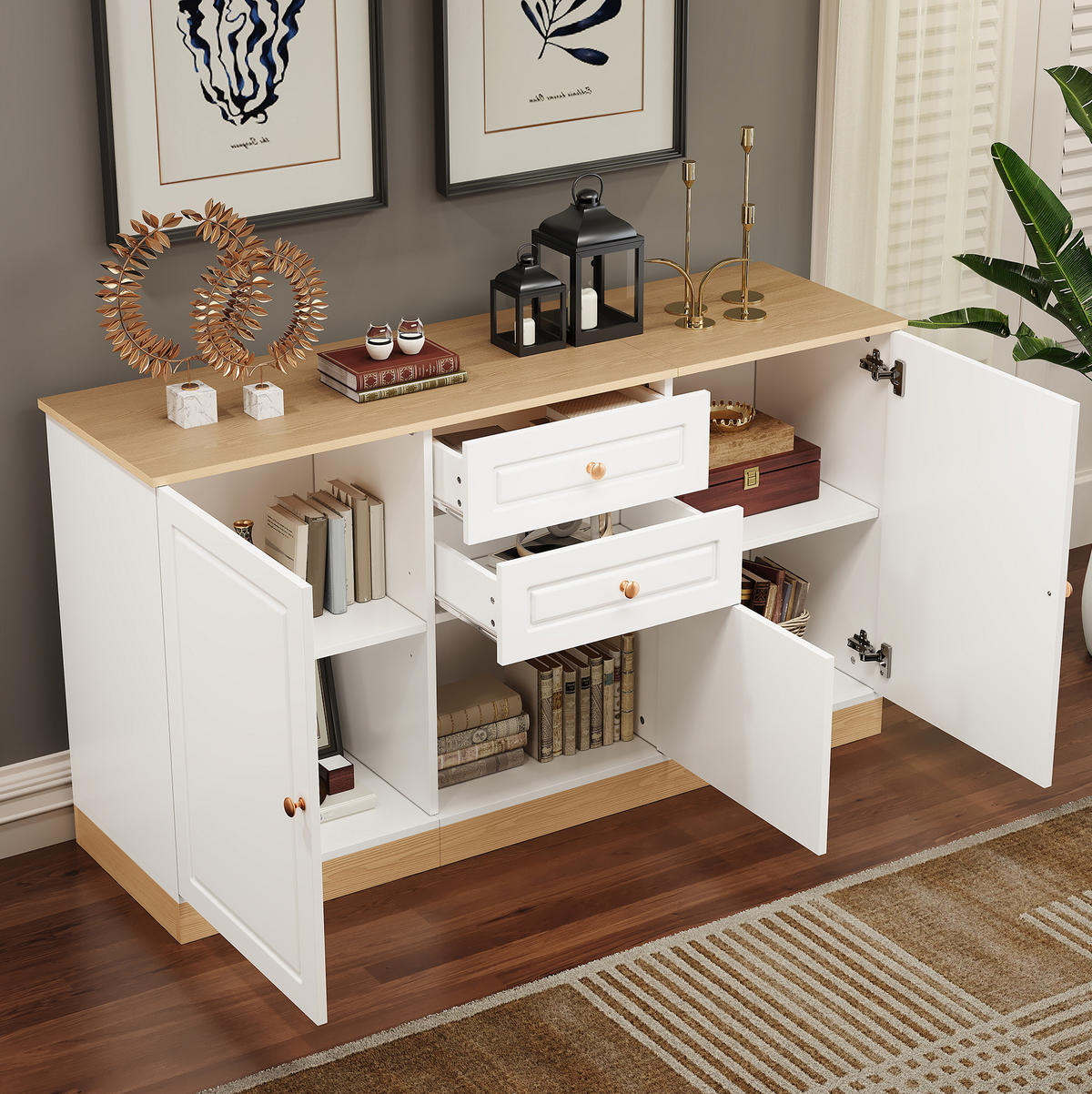 SIDEBOARD 135,5/39/76 cm weiß in Holzoptik aus Spanplatte mit 3 Türen und 2 Schubladen - Weiß, Holzwerkstoff (135.5/76/39cm) - OKWISH