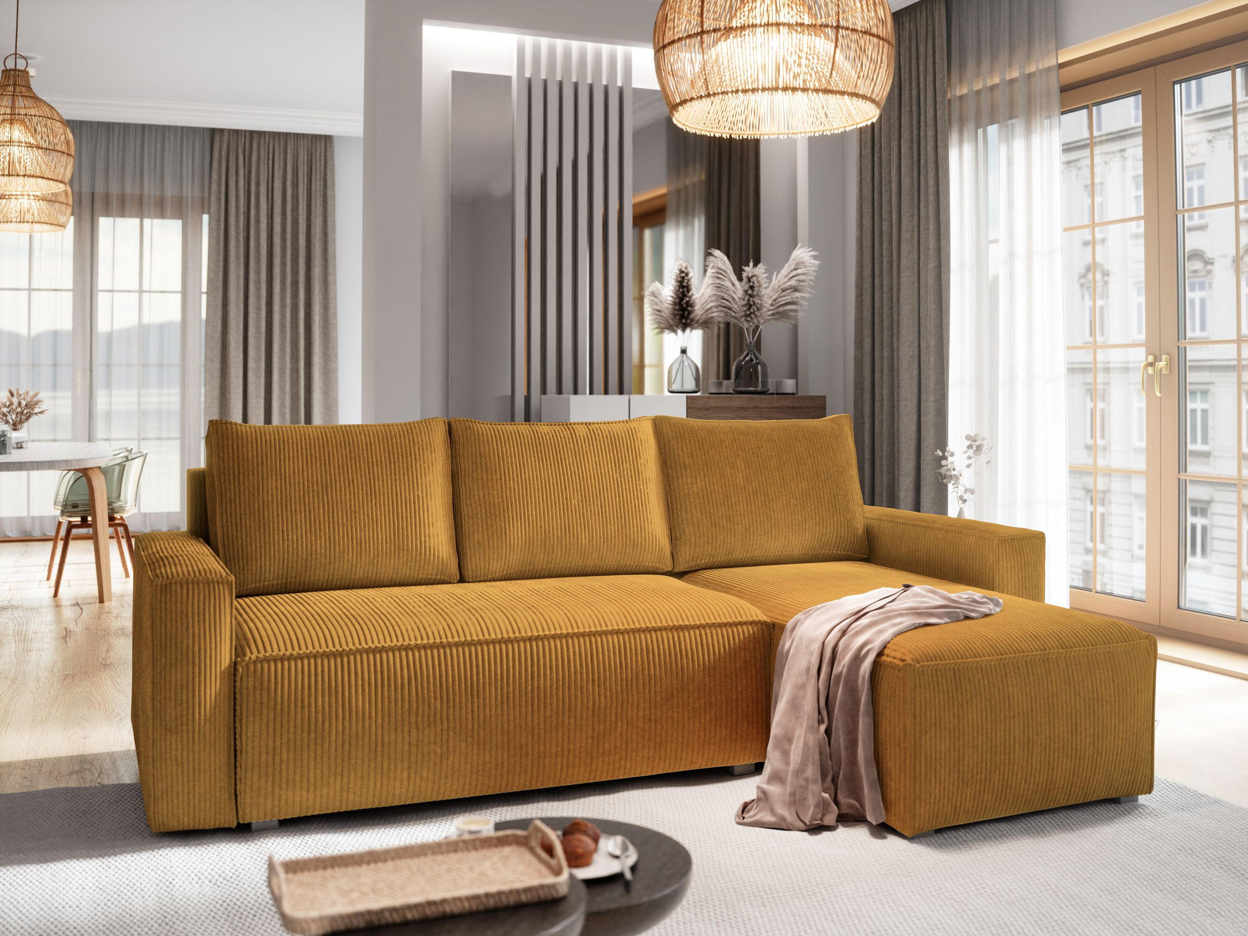 ECKSOFA POTARO Gelb Kordstoff mit Schlaffunktion - Gelb, Holz (232/140cm) - MASSENO