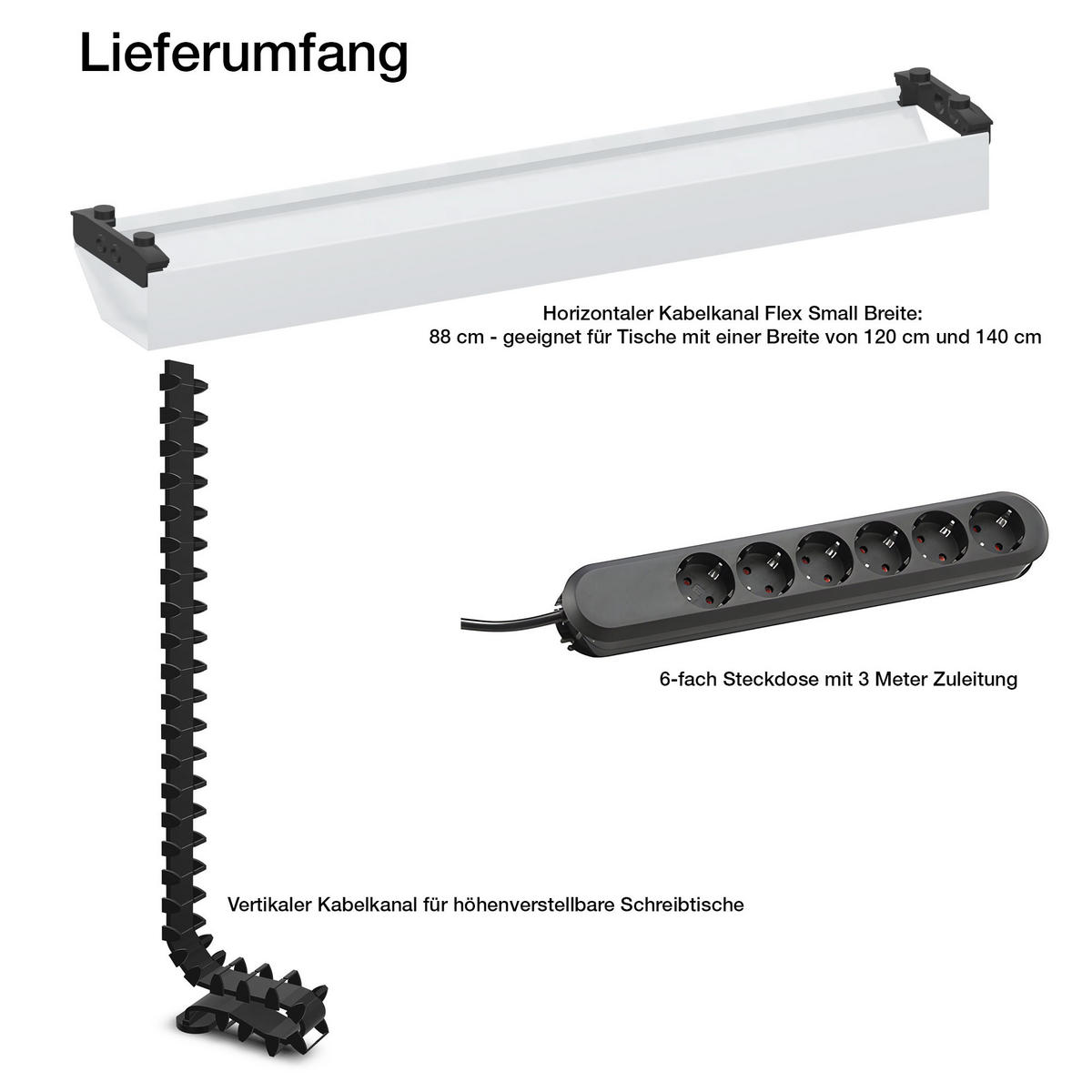 KABELMANAGEMENT-SET Horizontaler Kabelkanal Flex-small / Plus Vertikale Kabelführung + 6-fach Steckdose Weiß 880mm - Weiß, Metall (16/88/10cm) - ASSMANN