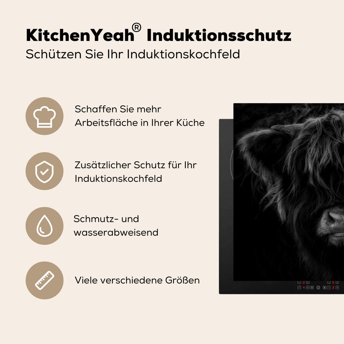 HERDABDECKPLATTE Schottischer Highlander - Kuh - Schwarz - Weiß - Tiere Herdabdeckung Induktionsfeld 65x52 cm - Schwarz, Kunststoff (65/52/0.2cm) - MuchoWow