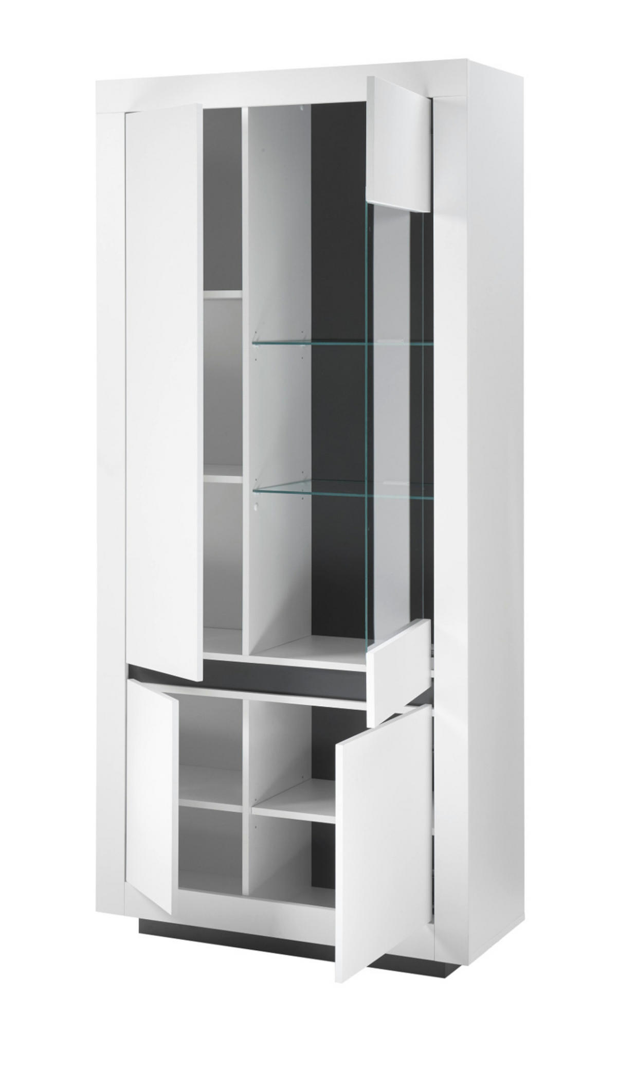 VITRINE weiß, anthrazit, Vitrinenschrank mit 10 Fächern - Weiß Hochglanz/Anthrazit, Glas/Holz (96/206/38cm) - Furn.Design