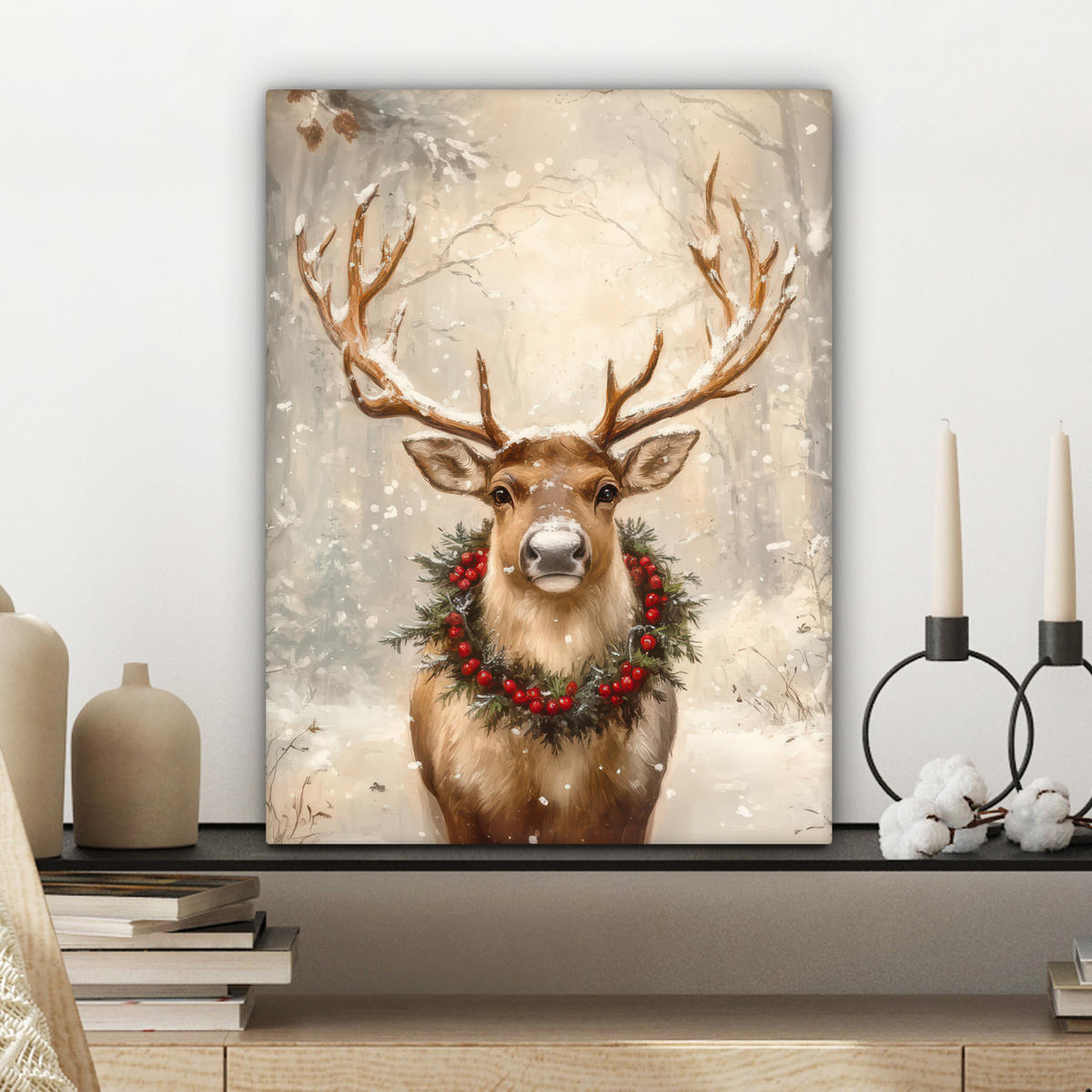 LEINWANDBILD Weihnachten - Rentier - Winter - Kranz 30x40 cm - Naturfarben, Textil (30/40cm) - MuchoWow