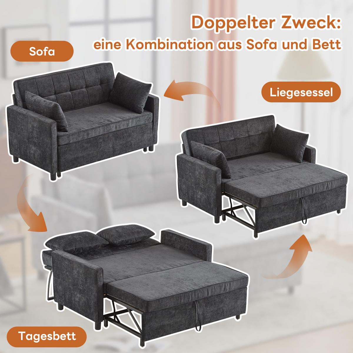 SCHLAFSOFA Chenille mit Ausziehfunktion und 2 Kissen Antikschwarz 142/79/85 cm - Schwarz, Textil (79/85/142cm) - Redom