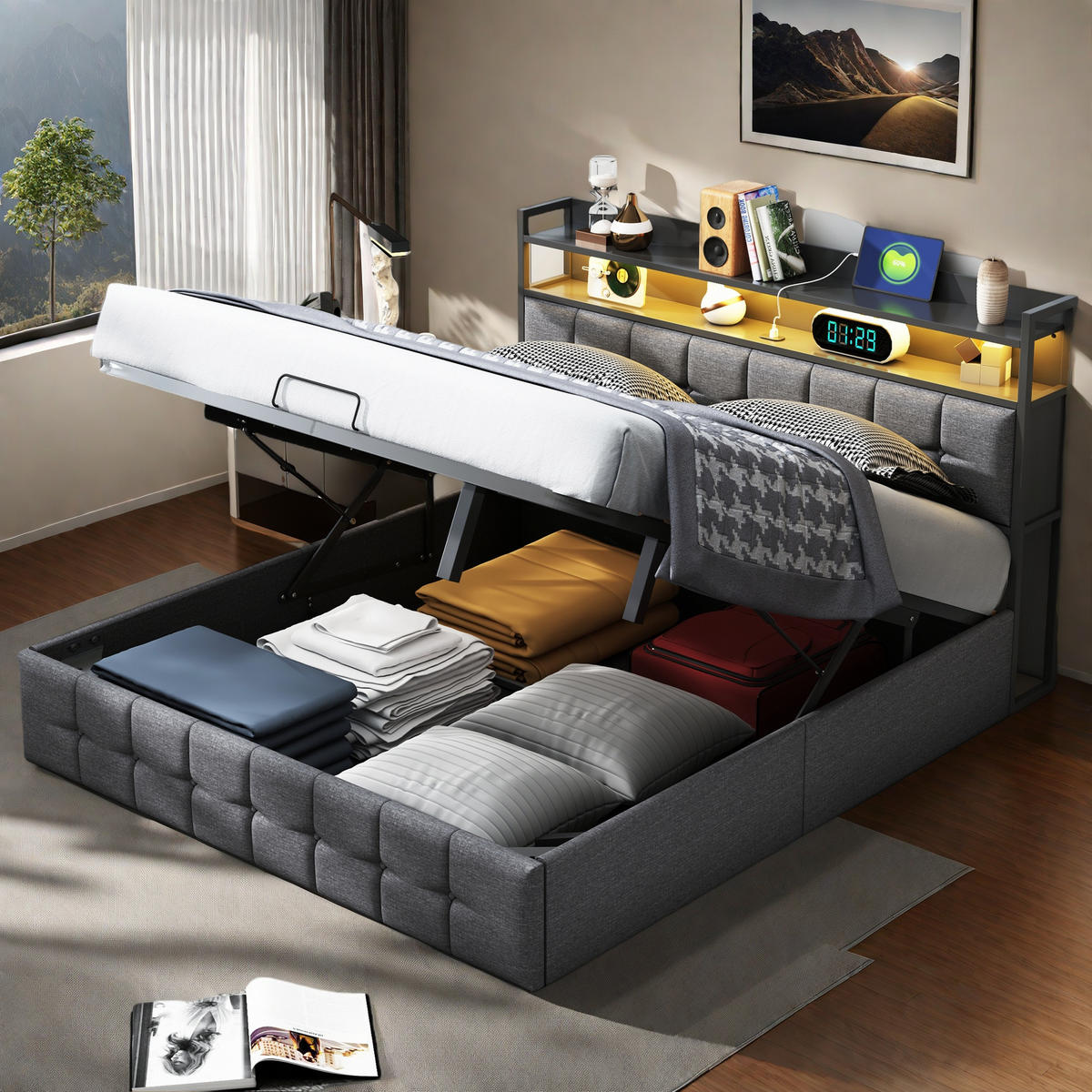 POLSTERBETT 140x200 cm Grau Leinen LED USB Typ-C - Grau, Metall (140/200cm) - SHOPENTRA