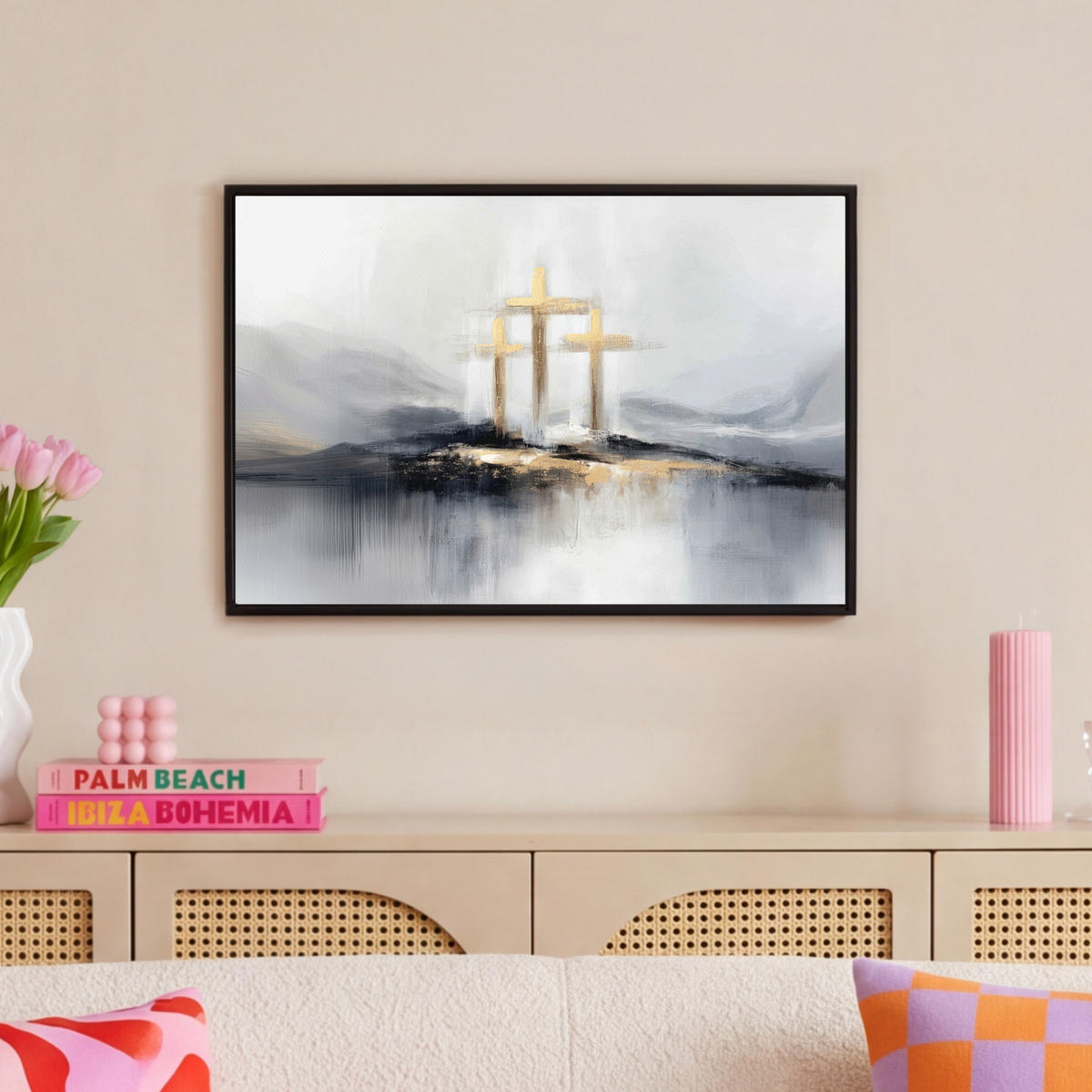 LEINWAND Bilder mit Rahmen - Abstrakt - Malerei - Christentum - Kreuz - 60x40 - Weiß, Textil (60/40cm) - MuchoWow