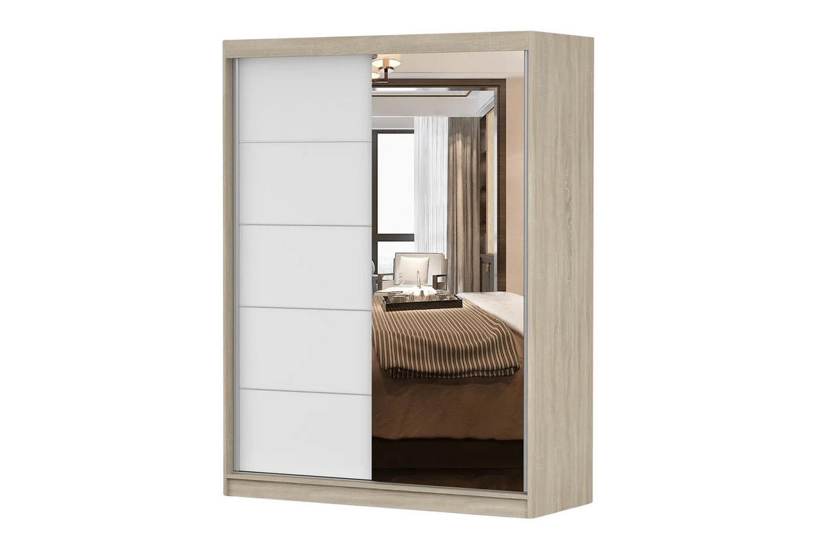 SCHWEBETÜRENSCHRANK VELMA 05 150/200 in Eiche Sonoma/Weiß mit Spiegel und LED - Eichefarben/Weiß, Holzwerkstoff (150/61/200cm) - Deine Möbel 24