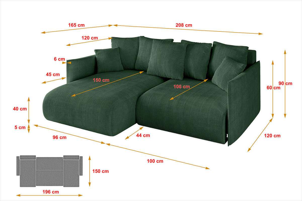 ECKSOFA mit Schlaffunktion und Bettkasten ONESK-L 208x165x40 Grün Cord - Grün, Holzwerkstoff/Kunststoff (208/165cm) - ALTDECOR
