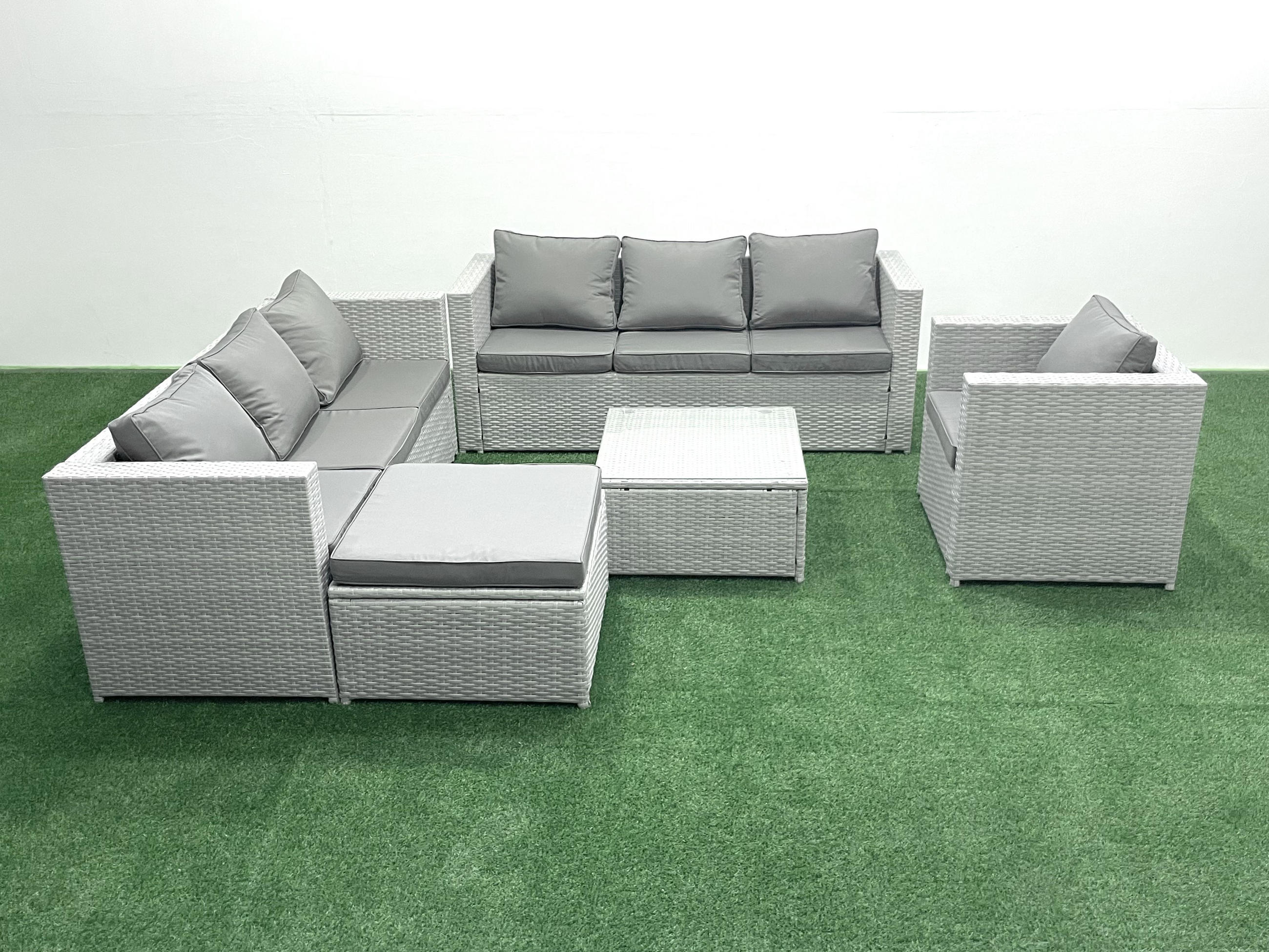 Thumbnail - Fimous Gartenmöbel-Set, Hellgrau, Metall, Kunststoff, Glas, 8-Sitzer, Füllung: Schaumstoff, quadratisch, Loungemöbel, Lo...