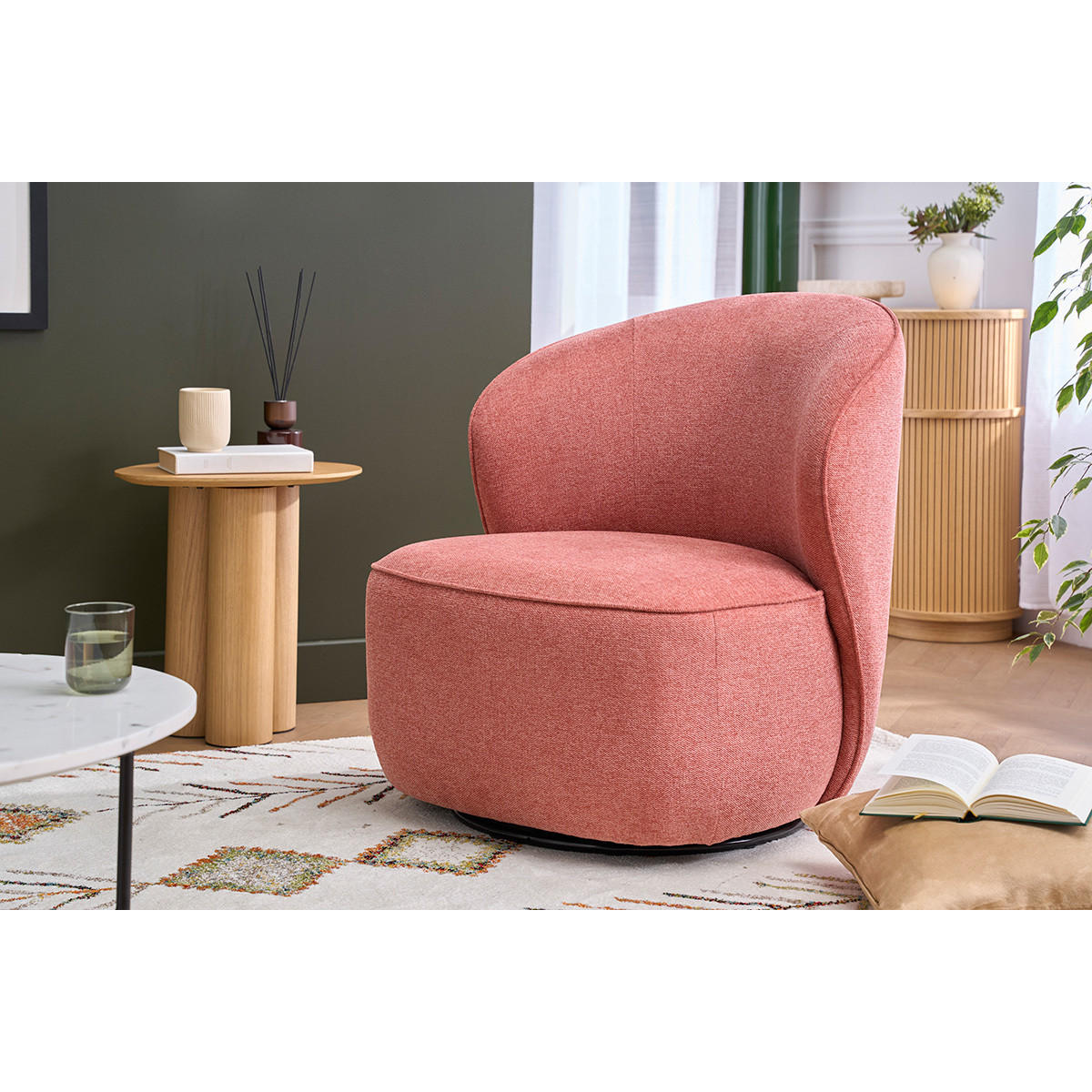 DREHSESSEL Rostbrauner Stoff Strukturierter Samteffekt AMBER - Terracotta, Textil (81.5/81/74.5cm) - Miliboo