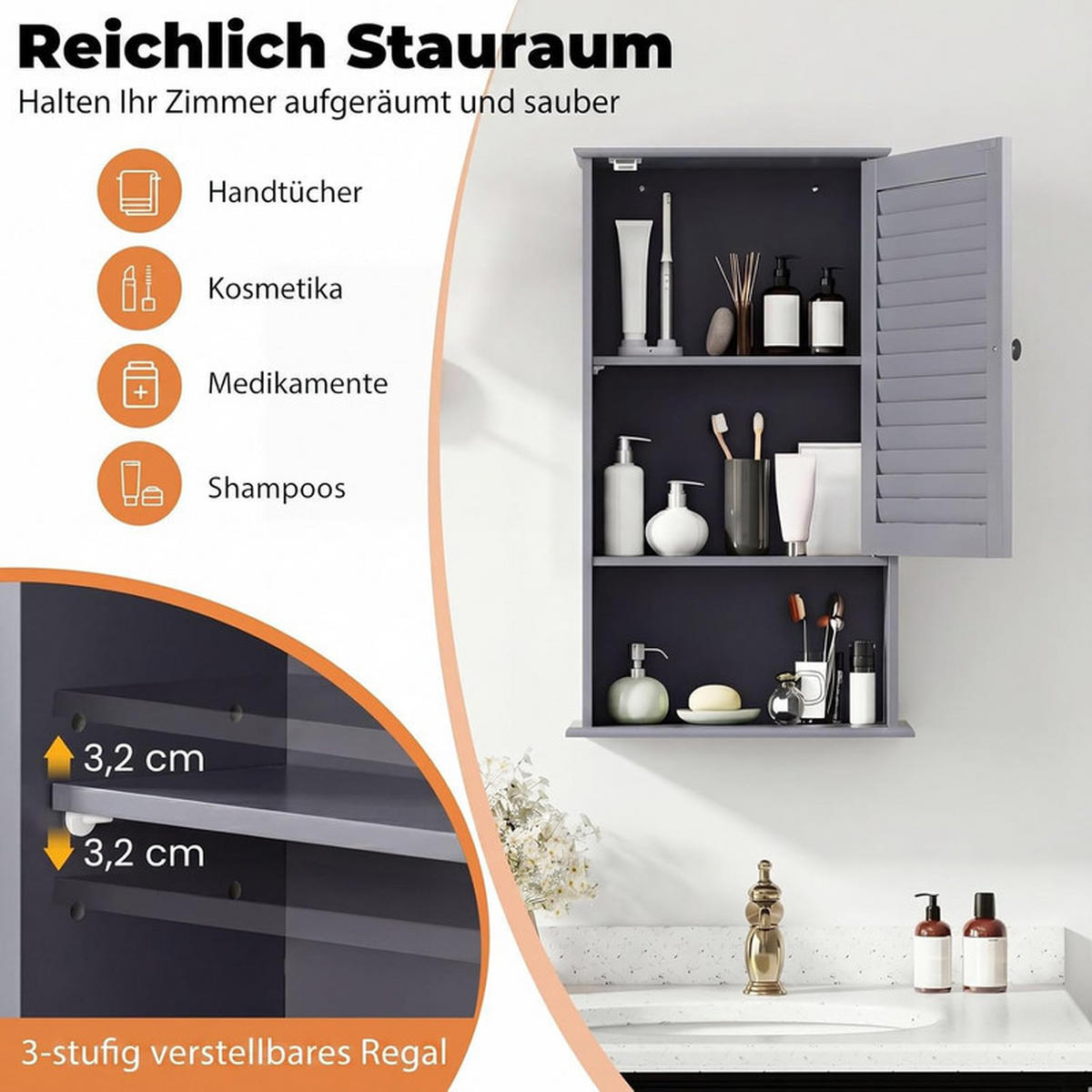 BAD-HÄNGESCHRANK mit verstellbarem Einlegeboden grau - Grau, Holzwerkstoff (42/70/17cm) - COSTWAY