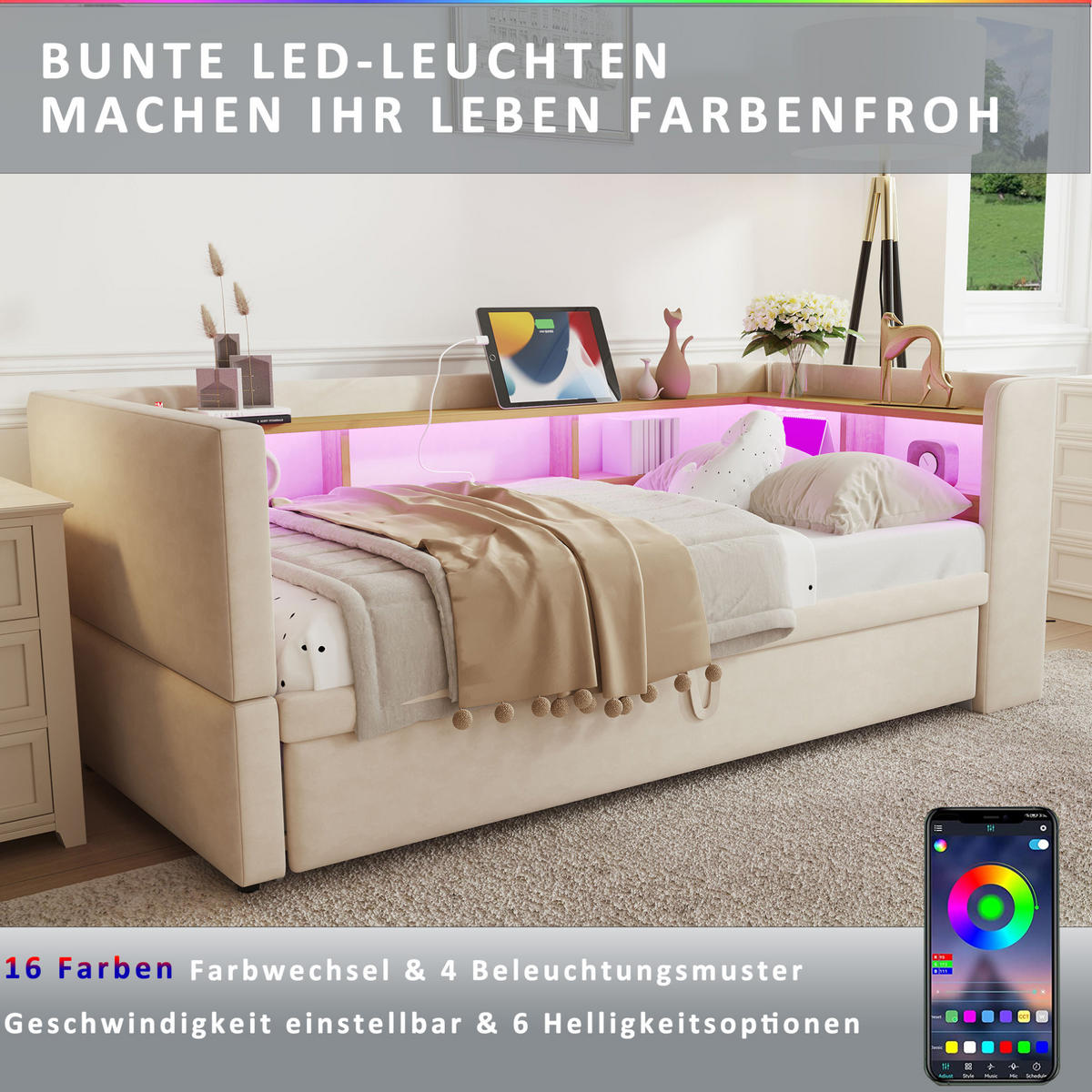 SCHLAFSOFA 90/190 cm mit LED-Beleuchtung, Steckdose, Ablagefächern und Flanellbezug, Beige - Beige, Textil (199/80/211cm) - Redom