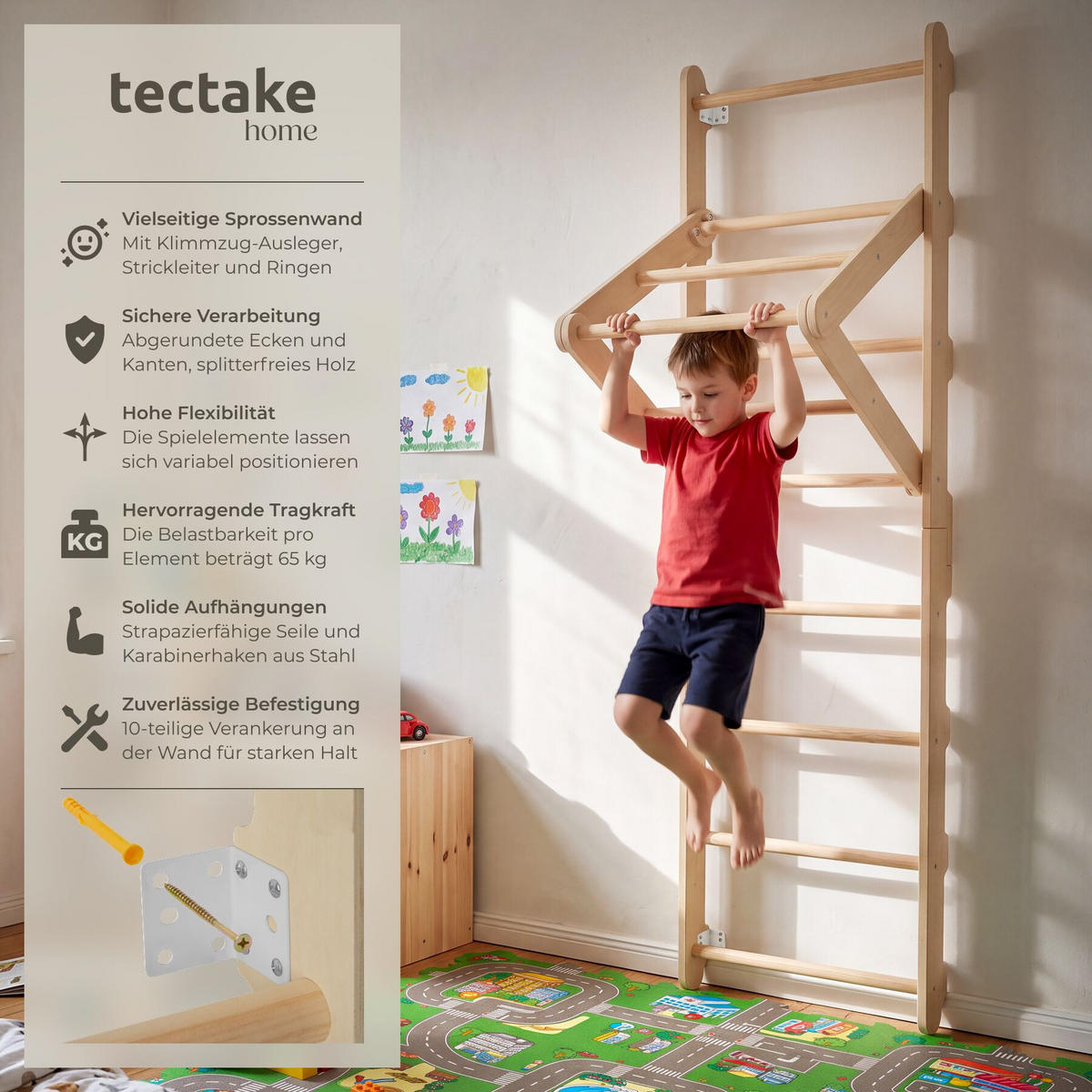 SPROSSENWAND Matterhorn, indoor, für Kinder ab 3 Jahren, hellbraun - Hellbraun, Holz (62/210/58cm) - tectake