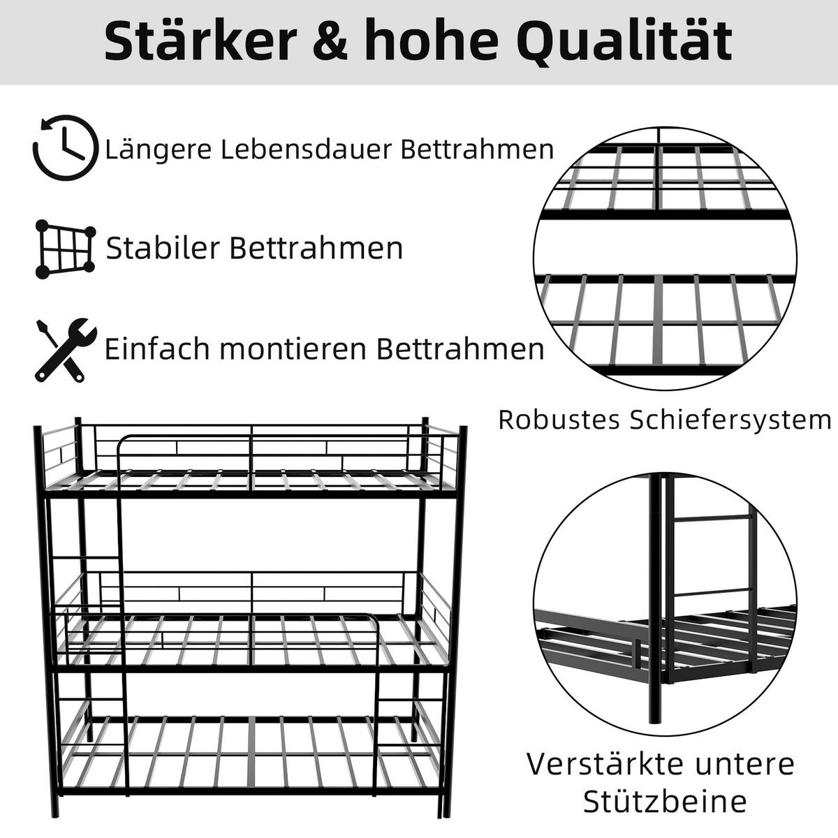 ETAGENBETT Dreifach Metall - Schwarz, Metall (90/190cm) - ComfortXL