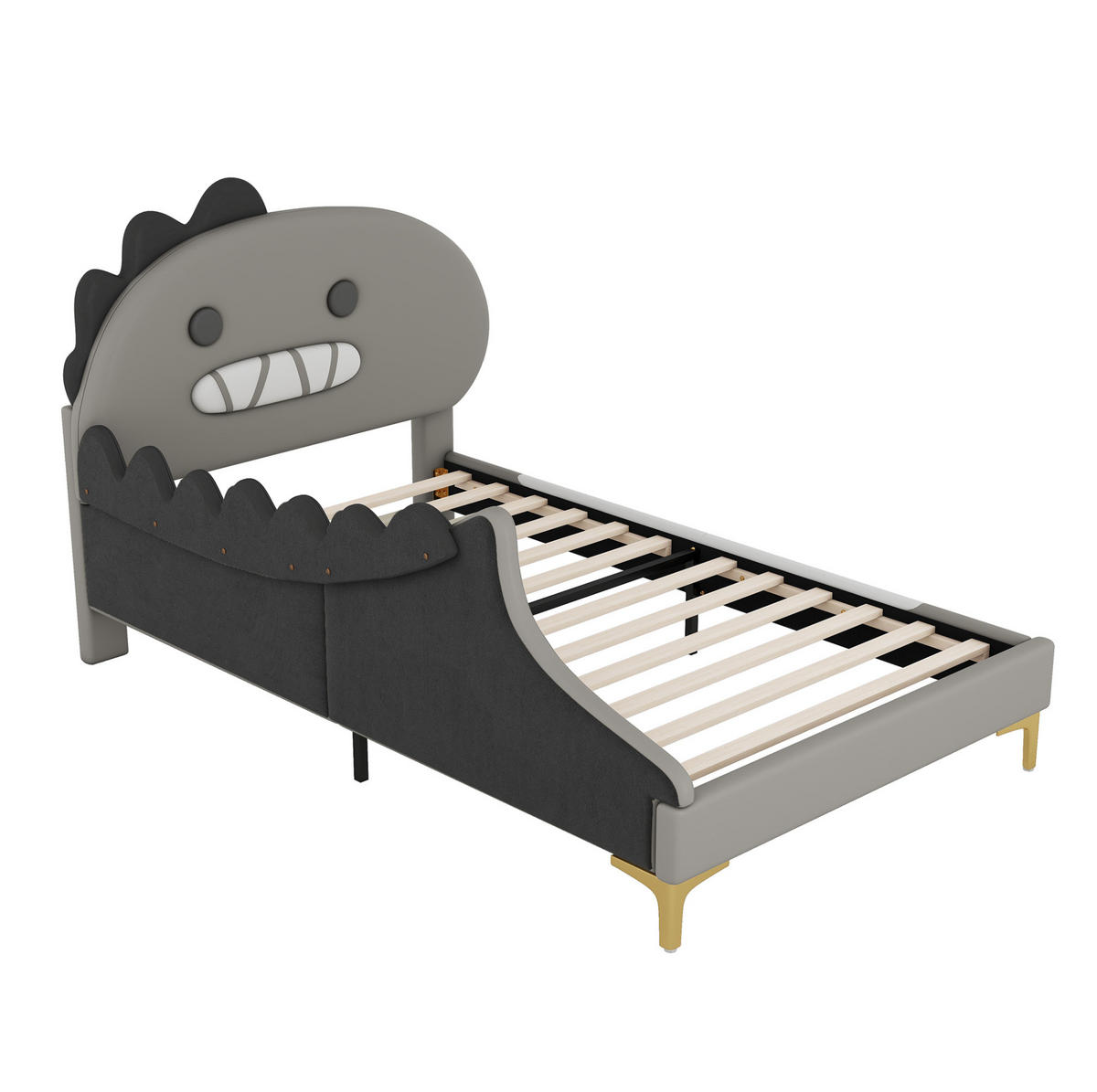 KINDERBETT 90/200 cm Grau aus PU und MDF mit Dinosaurier-Design - Grau, Kunststoff (90/200cm) - OKMYHOME