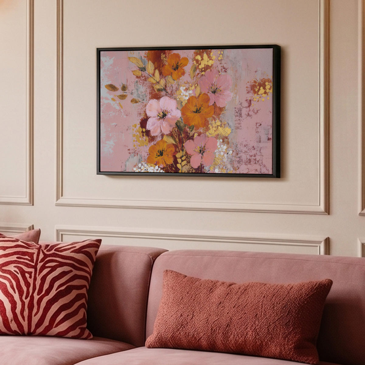 LEINWAND Bilder mit Rahmen - Malerei - Blumen - Rustikal - Rosa - 60x40 - Altrosa, Textil (60/40cm) - MuchoWow