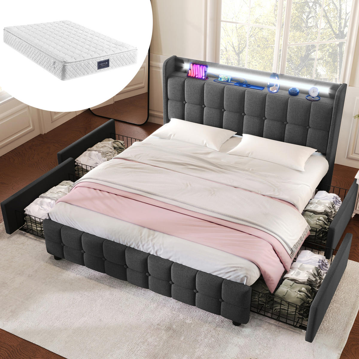 ČALOUNĚNÁ postel 160/200 cm šedá ze dřeva s LED, USB nabíjením, 4 zásuvkami a matrací - šedá, kompozitní dřevo (160/200cm) - OKWISH