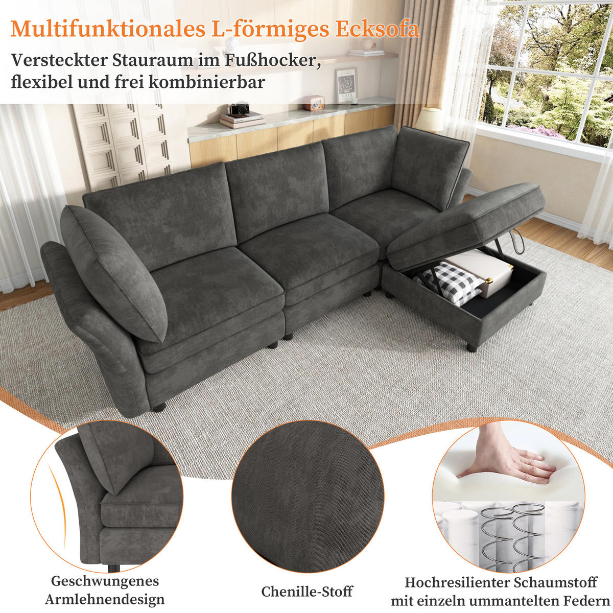 ECKSOFA 225/137/84 cm Grau mit Stauraum‑Hocker - Grau, Textil (225/137cm) - Oxeza