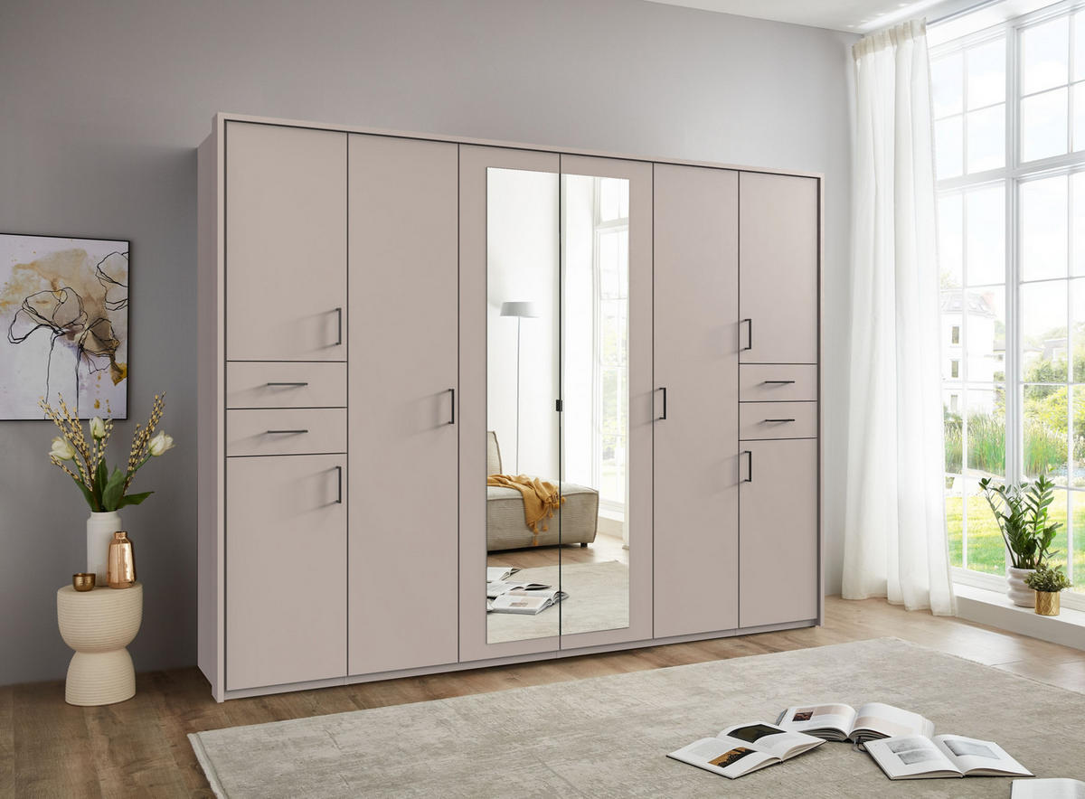 DREHTÜRENSCHRANK Kleiderschrank B273/H210/T58 cm mit Schubkästen & Passepartout & 2 Spiegeltüren, Beige Grau, Griffe schwarz / 22580 - Beige/Schwarz, Holzwerkstoff/Kunststoff (273/210/58cm) - luma-home