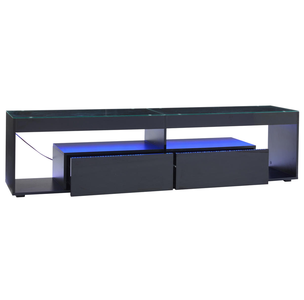 TV-SCHRANK aus Spanplatte und gehärtetem Glas 180x40x46 cm Schwarz mit LED-Beleuchtung und 2 Schubladen - Schwarz, Holzwerkstoff (180/46/40cm) - Modfu
