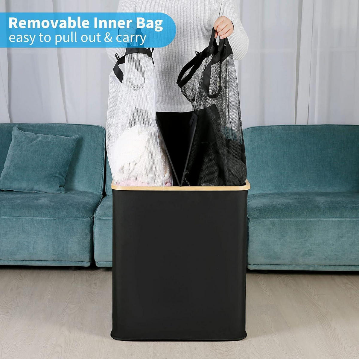 WÄSCHEKORB mit Deckel und 2 Fächern 140 l Schwarz - Schwarz, Naturmaterialien (37/65/57cm)