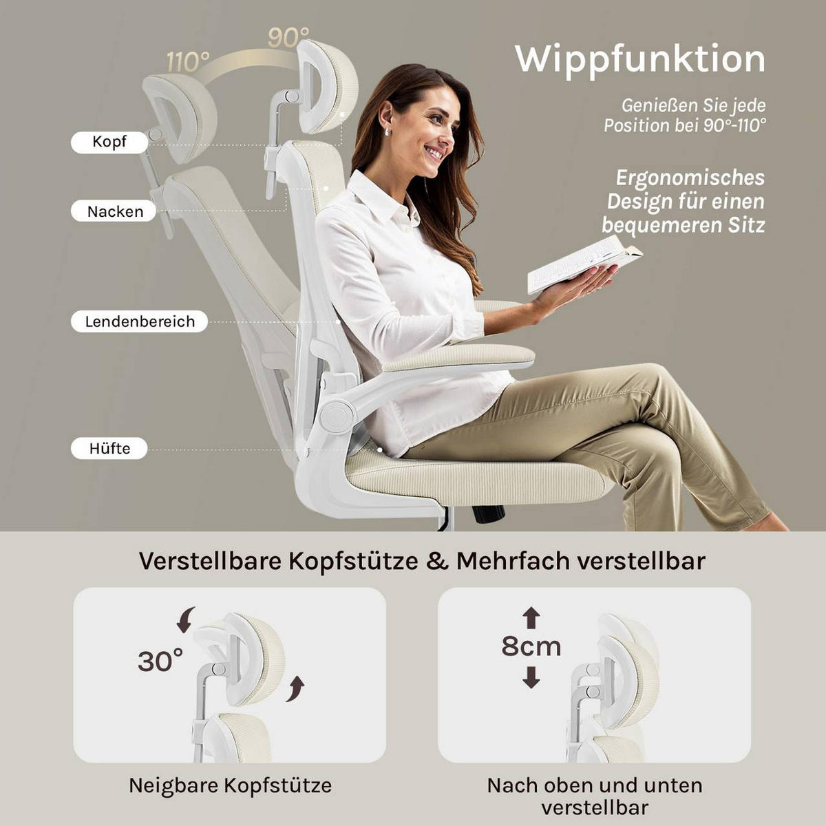 BÜROSTUHL ergonomisch, Netzstoff, Beige - Beige, Kunststoff/Textil (62/116/69.5cm) - Woltu
