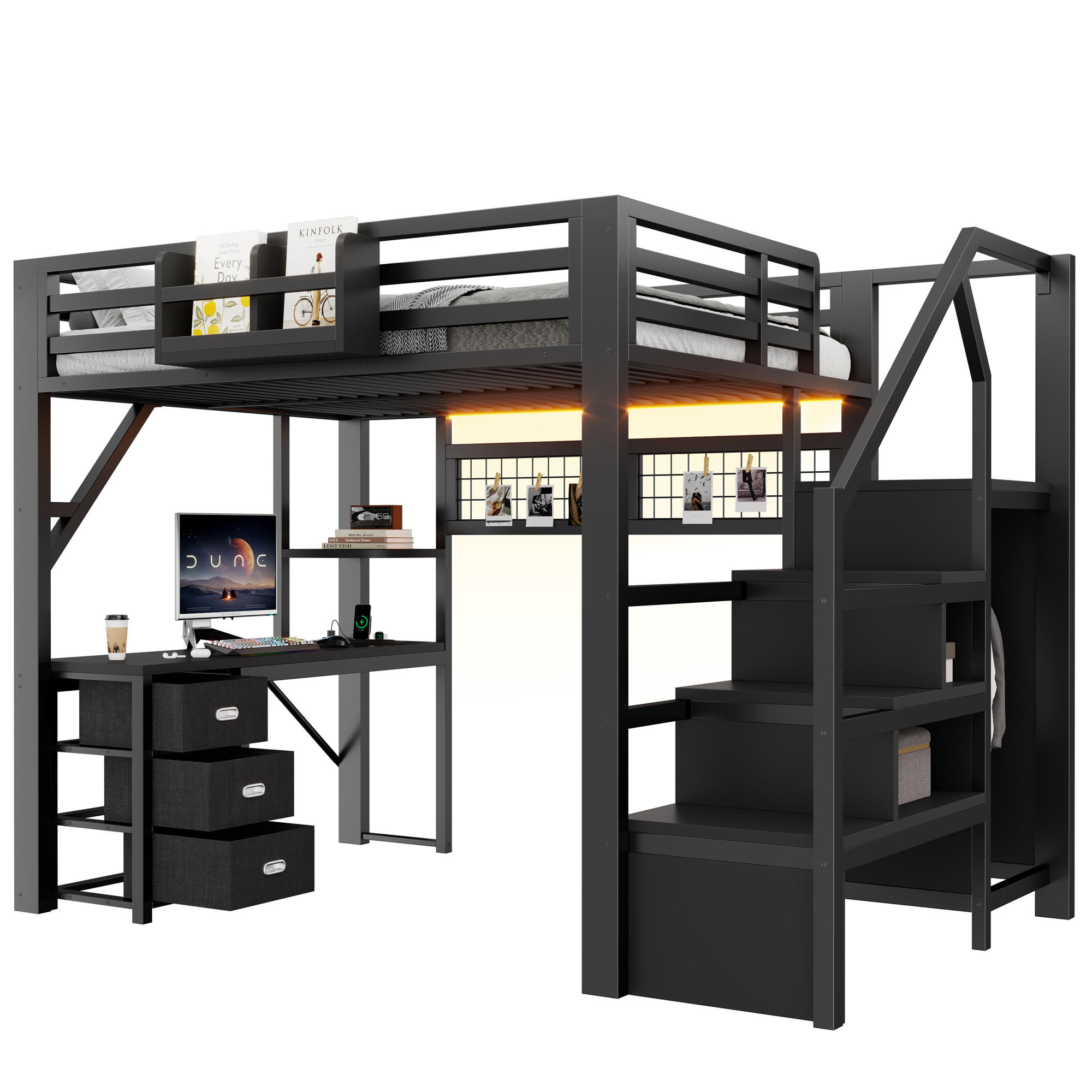 HOCHBETT 140/200 cm in Schwarz mit 3 Schubladen, Stauraum, Schrank, LED und Schreibtisch aus Metall und MDF - Schwarz, Holzwerkstoff/Metall (140/200cm) - STILVORA