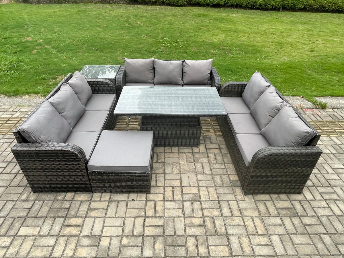 GARTENSOFA SET Polyrattan 10-Sitzer - Dunkelgrau/Grau, Glas/Kunststoff - Fimous