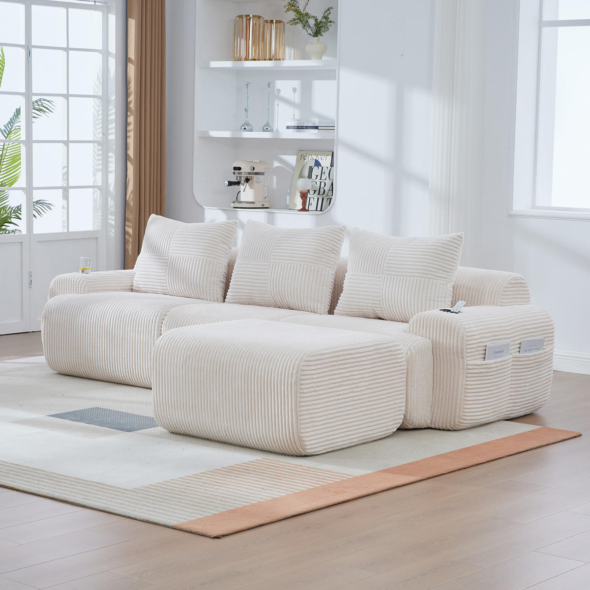 MODULARES 3-Sitzer Sofa Cordstoff mit Getränkehalter und Seitentasche 268/174/80 cm Beige - Beige, Textil (174/268cm) - Redom