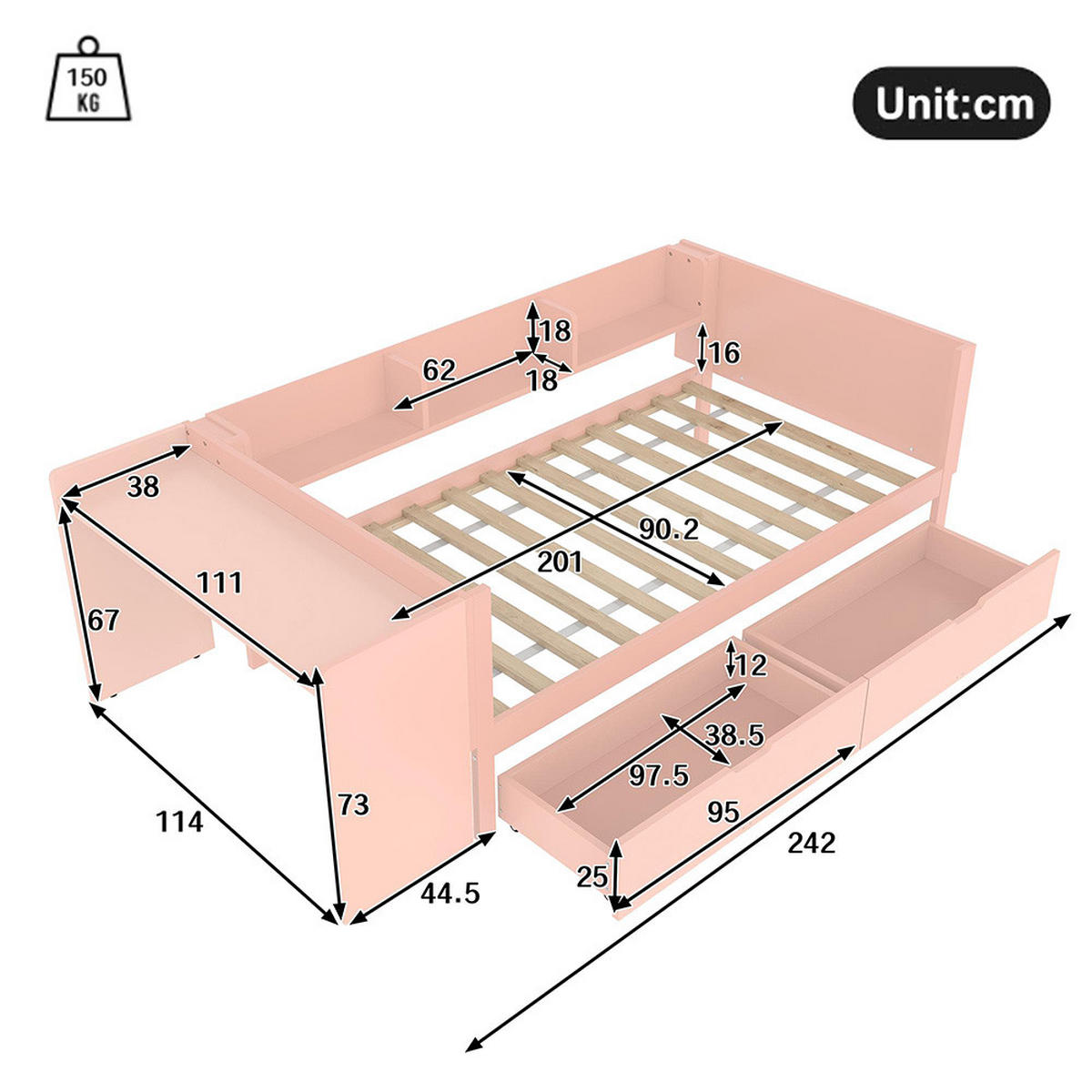 EINZELBETT 90x200cm mit Schreibtisch in Rosa - Pink, Holz (90/200cm) - KOMHTOM
