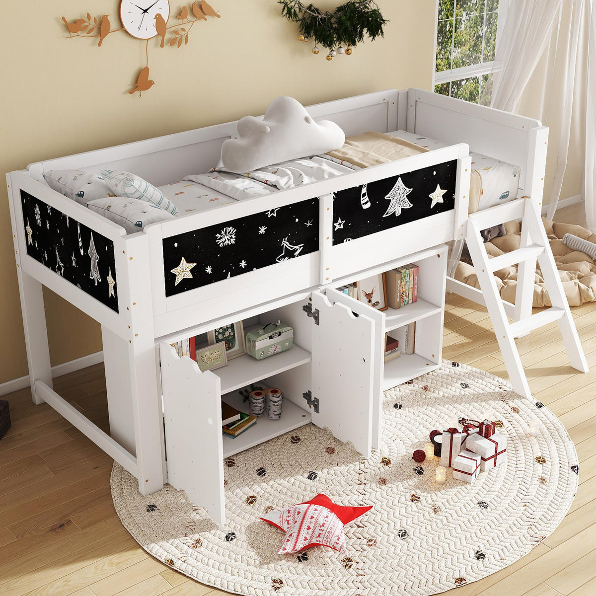 HOCHBETT 90/200 cm Weiß Schwarz mit Stauraum und Kreidetafel aus Kiefer und MDF - Weiß, Holzwerkstoff (90/200cm) - OKWISH