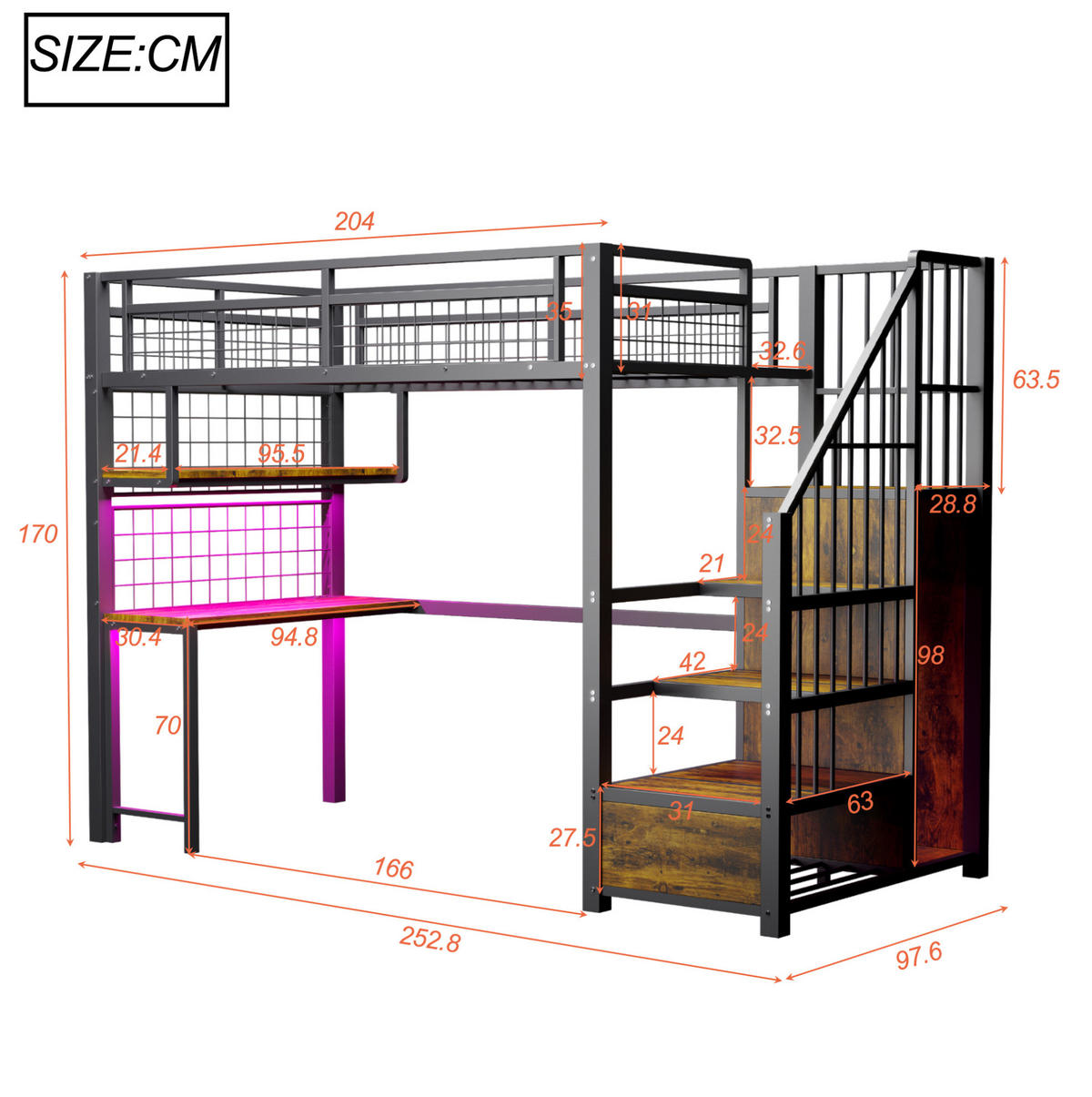 HOCHBETT 90/200 cm mit Schreibtisch, Lichtleiste, Steckdosen, Stauraumtreppe und Kleiderschrank, Metall, Schwarz - Schwarz, Metall (90/200cm) - Redom