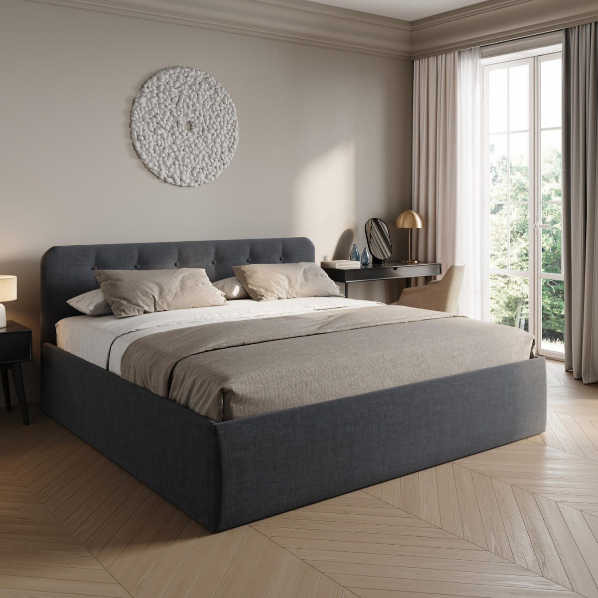 POLSTERBETT mit verstellbarem Lattenrost & Bettkasten, Bonnell-Matratze, 200 x 200 cm in Anthrazit - Anthrazit, Holzwerkstoff/Textil (200/200cm) - Home Collective