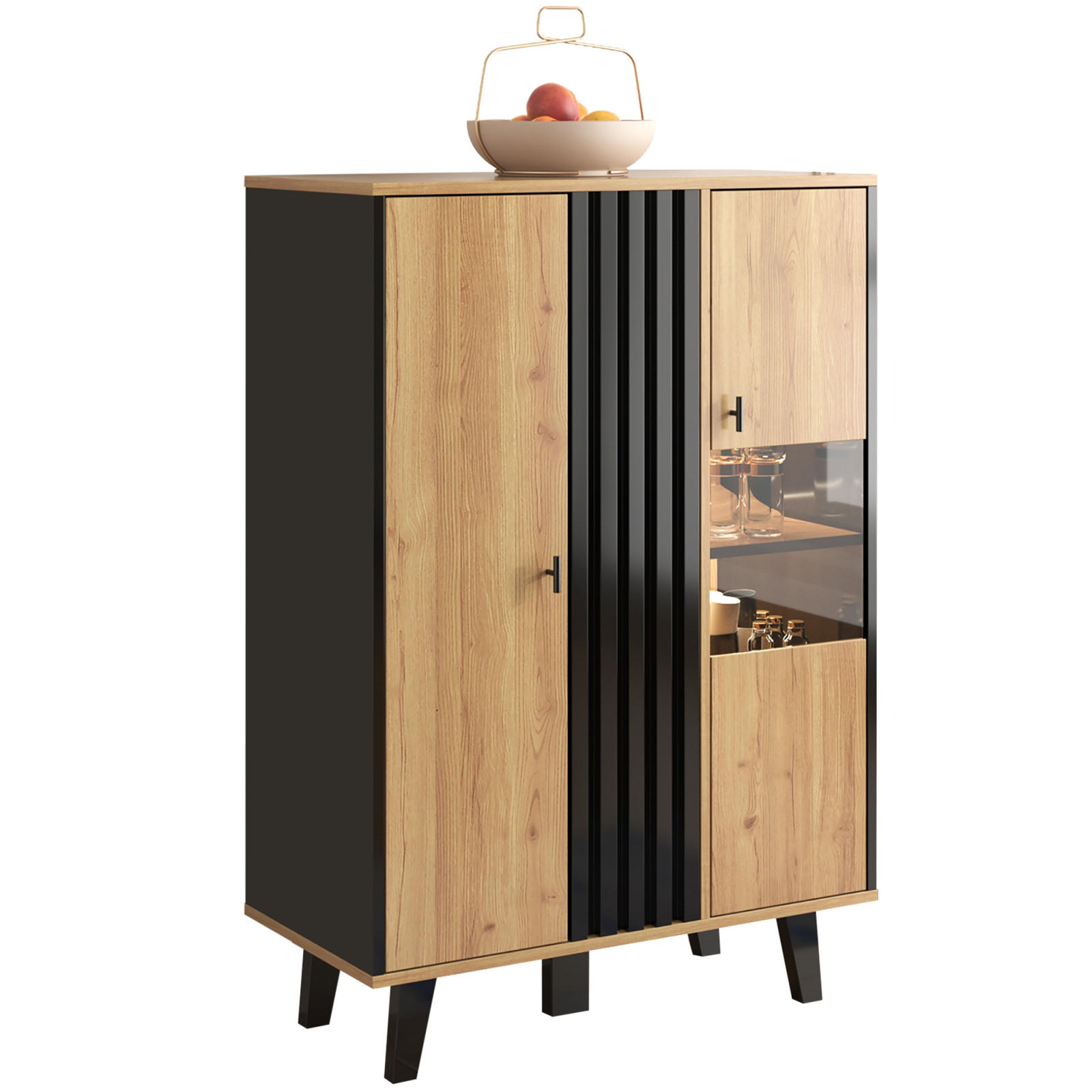 SIDEBOARD Schwarz-Holz, Glas, LED, Stauraum - Kastanienfarben, Holz (80/120/40cm)