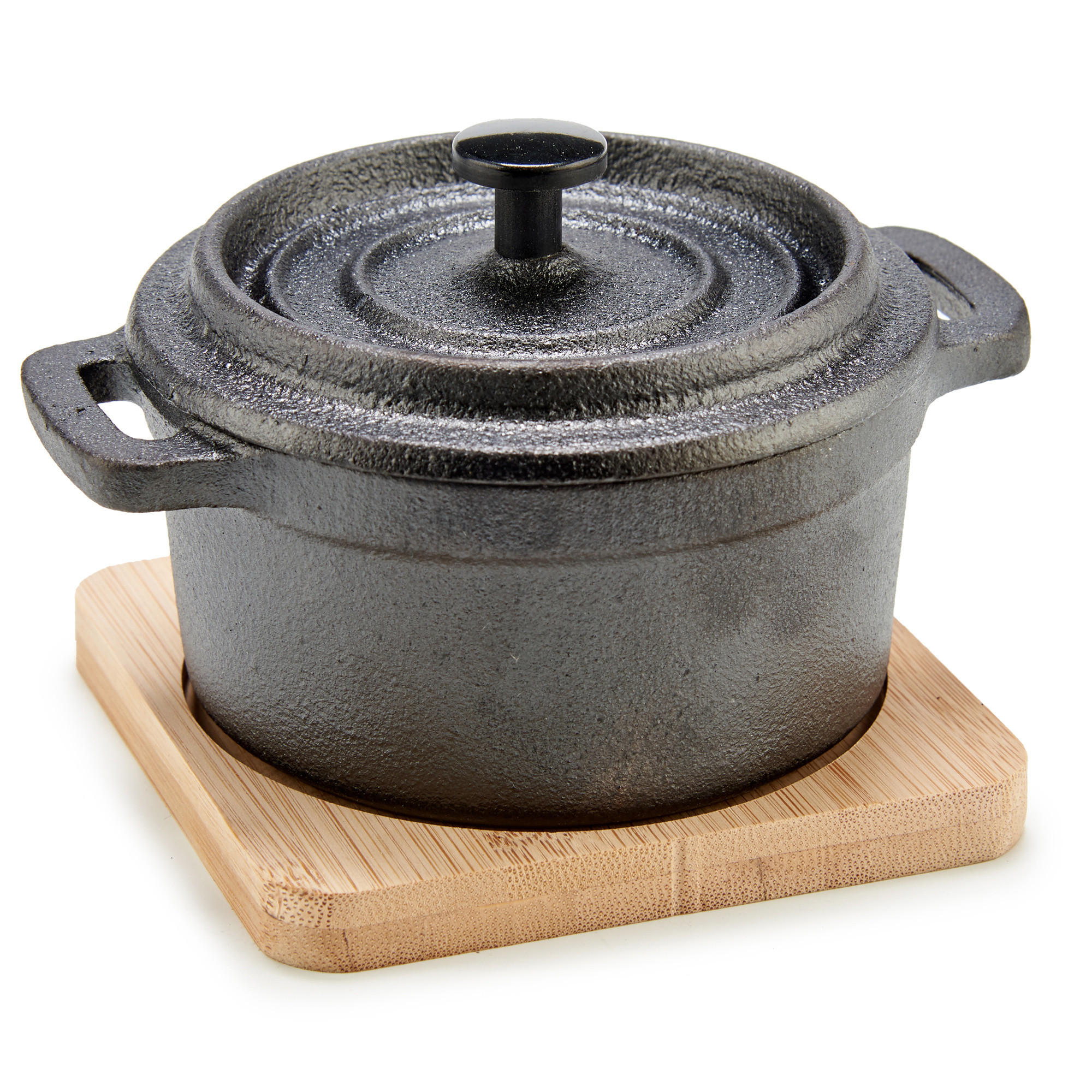 TOPF aus Eisen auf Bambusunterlage Slate Schwarz 13/10/8,5 cm - Schwarz, Metall (10/8.5/13cm) - Kinvara