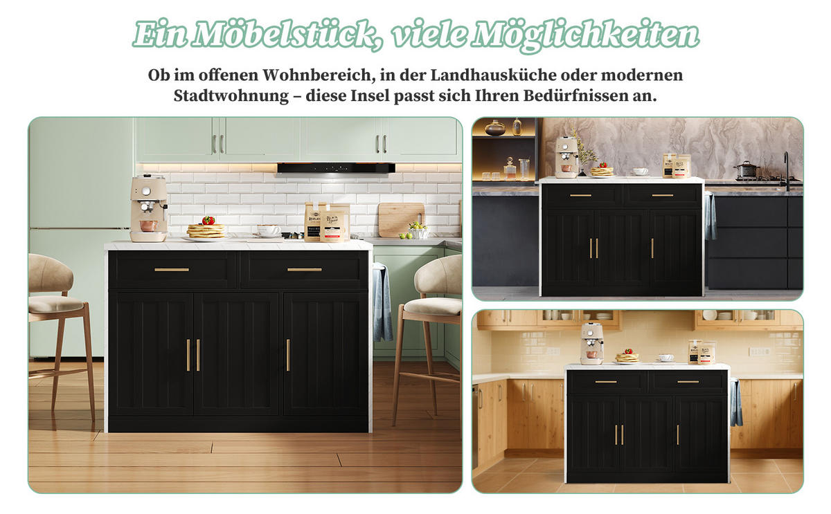 KÜCHENINSEL 120x60x91 cm mit Steckdosen, USB und Barbereich - Schwarz, Holzwerkstoff (120/91/60cm)