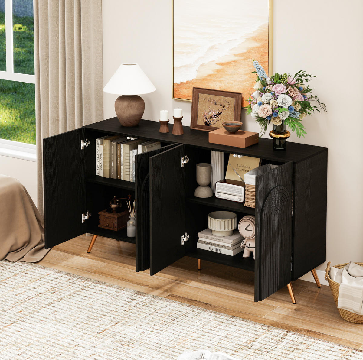 SIDEBOARD mit verstellbaren Einlegeböden, 3D-Vertikalrillen und Bogentüren aus Holzwerkstoff, Schwarz - Schwarz, Holzwerkstoff (150/83/38cm) - Redom