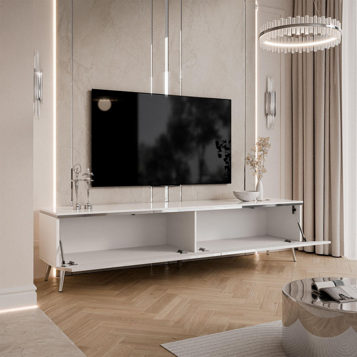 TV-SCHRANK AURORA SILVER 180 cm – schräge Chrombeine - Chromfarben/Weiß Hochglanz, Holzwerkstoff/Metall (180/45/40cm) - Lookway