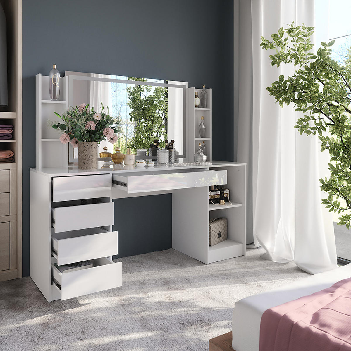 SCHMINKTISCH Sherry Weiß/Weiß Hochglanz 158.2 cm 4 Teile - Weiß Hochglanz, Holzwerkstoff (158.2/76/50.1cm) - Vicco