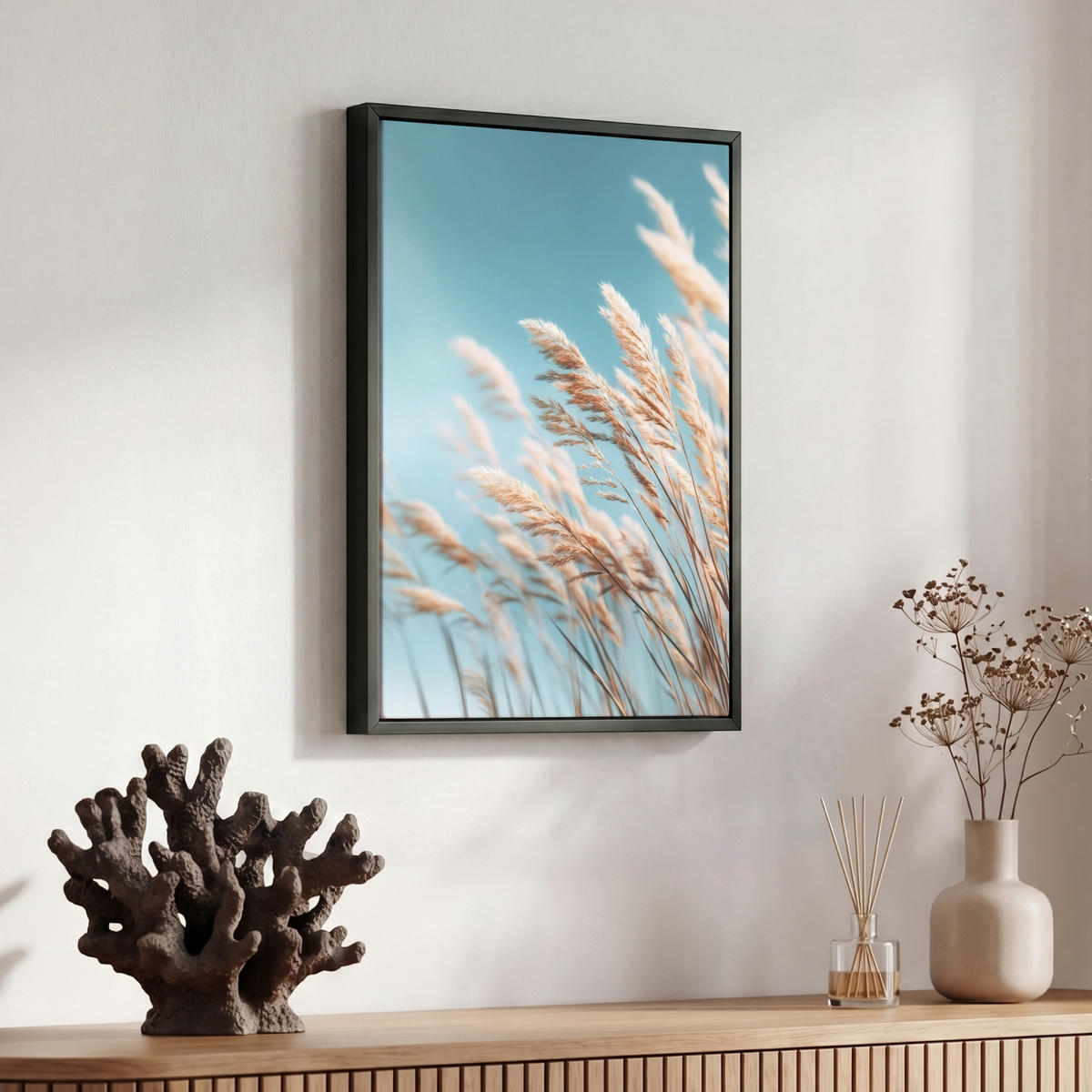 LEINWAND Bilder mit Rahmen - Ziergras - Wind - Hellbraun - 30x40 - Hellblau, Textil (30/40cm) - MuchoWow