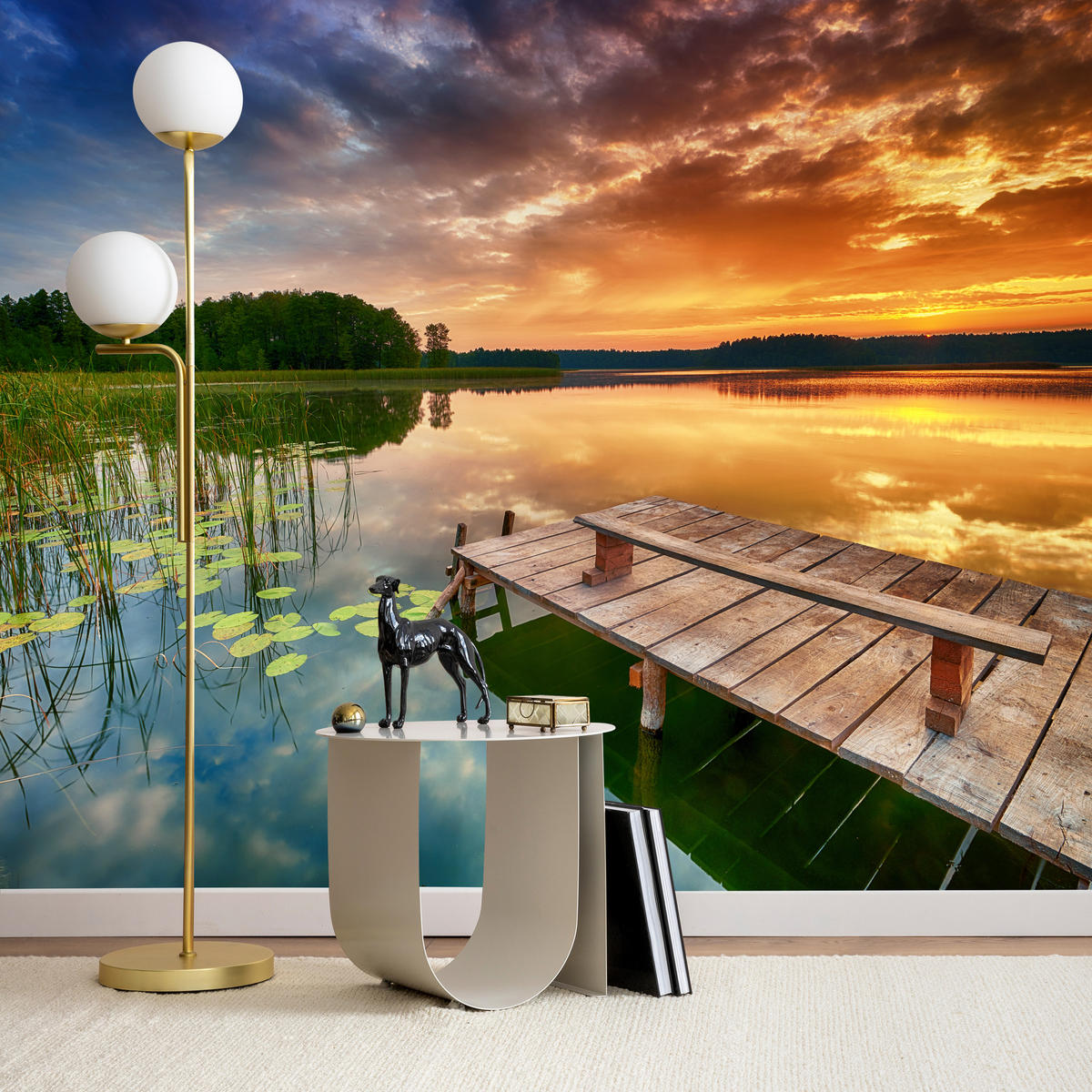 FOTOTAPETE für Wohnzimmer Sonnenuntergang See Steg Bäume 100x70 - Gelb/Beige, Papier (100/70cm) - Muralo