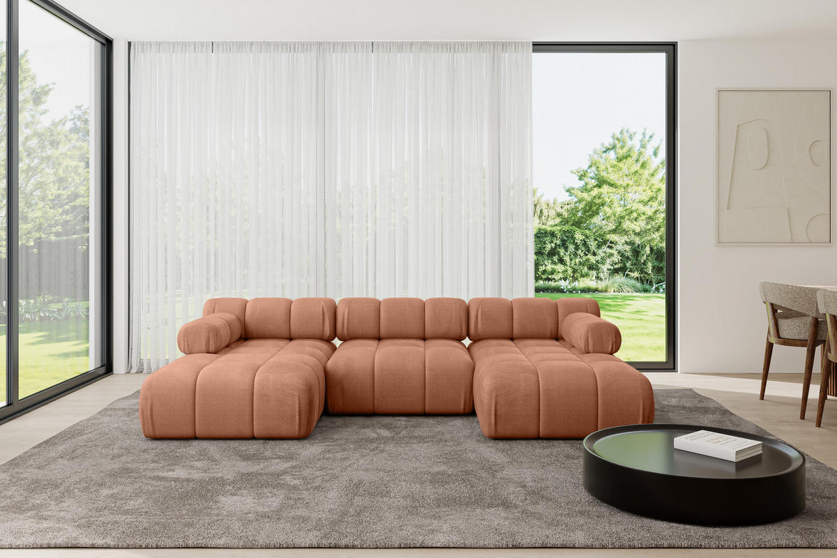 WOHNLANDSCHAFT modulares Sofa Tesso-U1 - 285x160x70 cm Apricot Velours - Koralle, Holzwerkstoff/Textil (285/70/160cm) - ALTDECOR