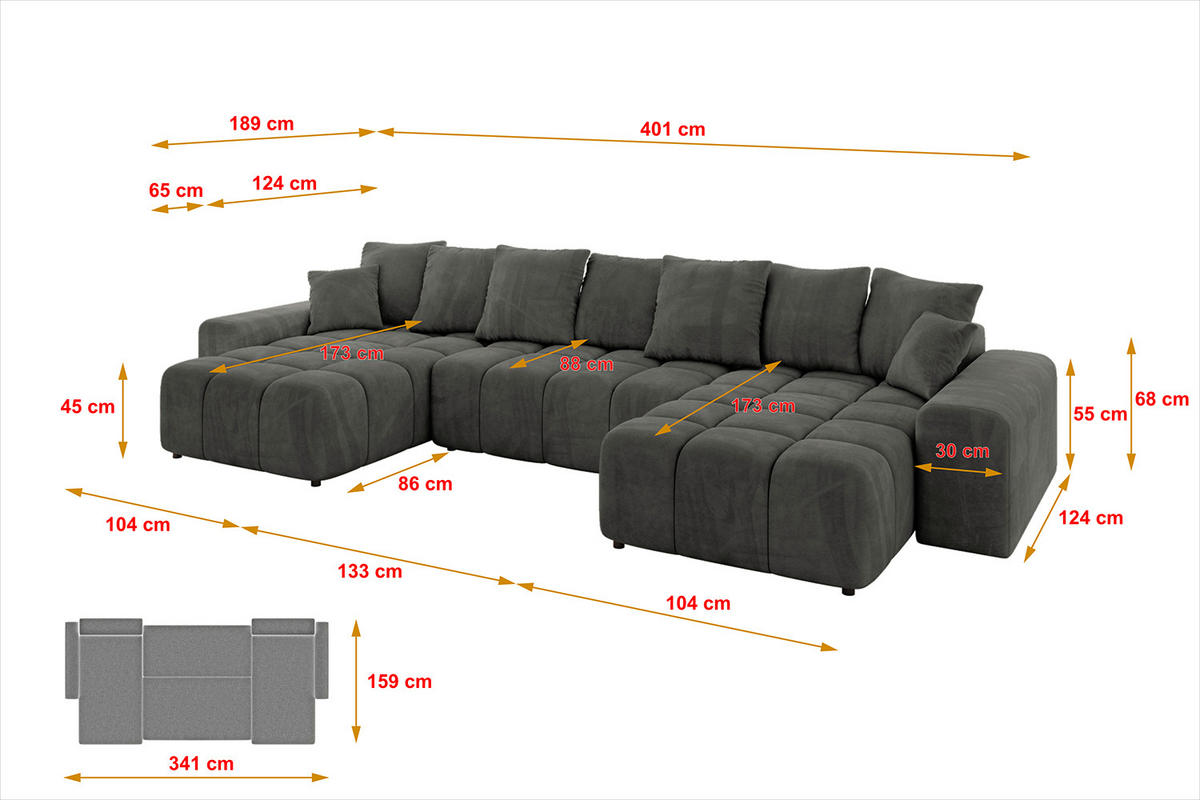 WOHNLANDSCHAFT ENIL-U 401x189x68 Dunkelgrau Velours - Dunkelgrau, Holzwerkstoff/Kunststoff (401/68/189cm) - ALTDECOR