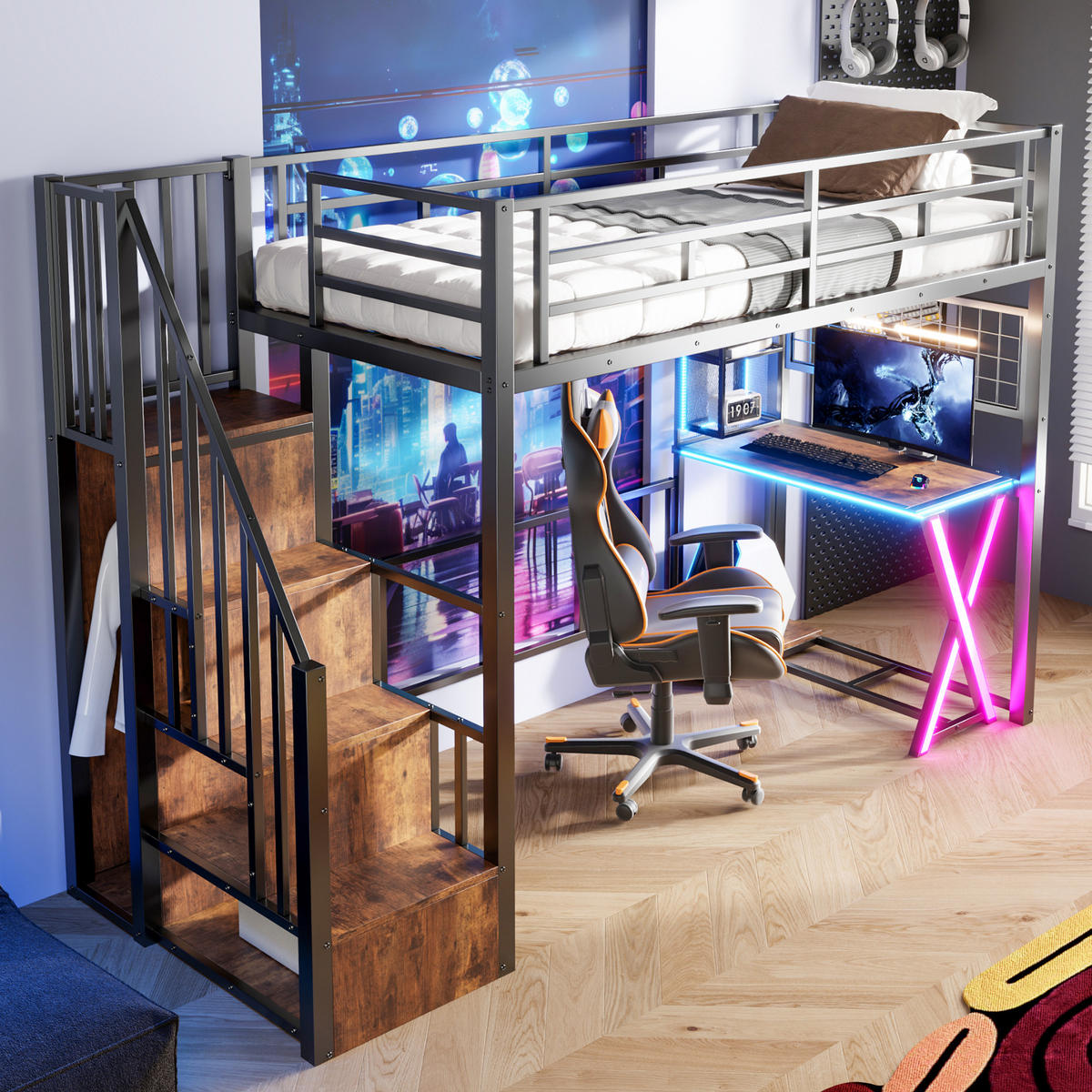 HOCHBETT 90/200 mit LED, Schreibtisch, Kleiderschrank und Ablageleiter in Schwarz - Schwarz, Holz/Holzwerkstoff (90/200cm) - EVRYAE