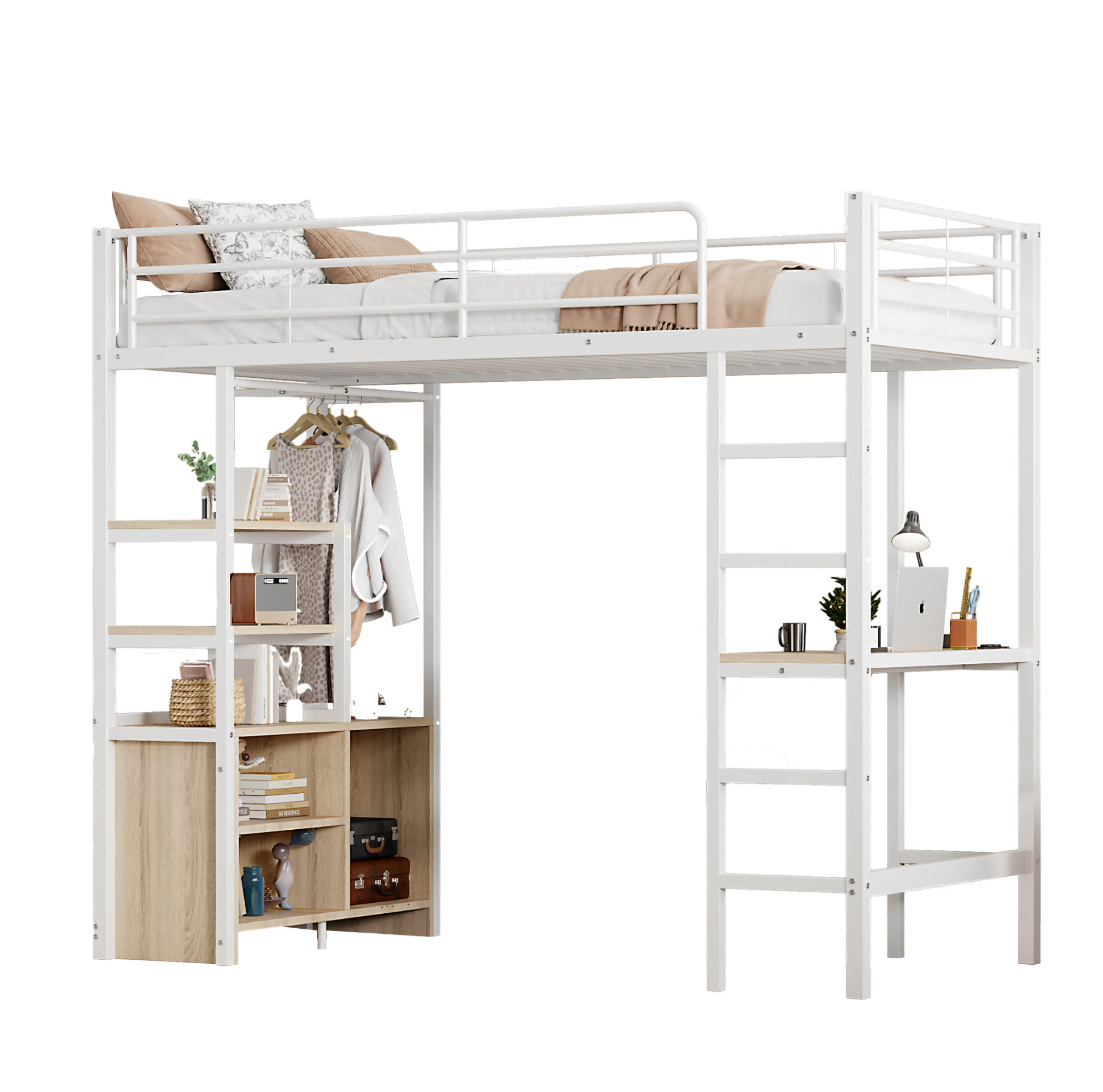 HOCHBETT aus Metall 90x200 cm in Weiß mit Schreibtisch, Steckdose & USB - Weiß, Metall (90/200cm) - Modfu