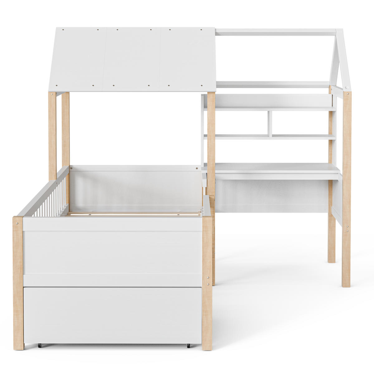 HAUSBETT 90/200 cm in Weiß – mit Schreibtisch, Regal und Rausfallschutz - Weiß, Holz (90/200cm) - BEAOK